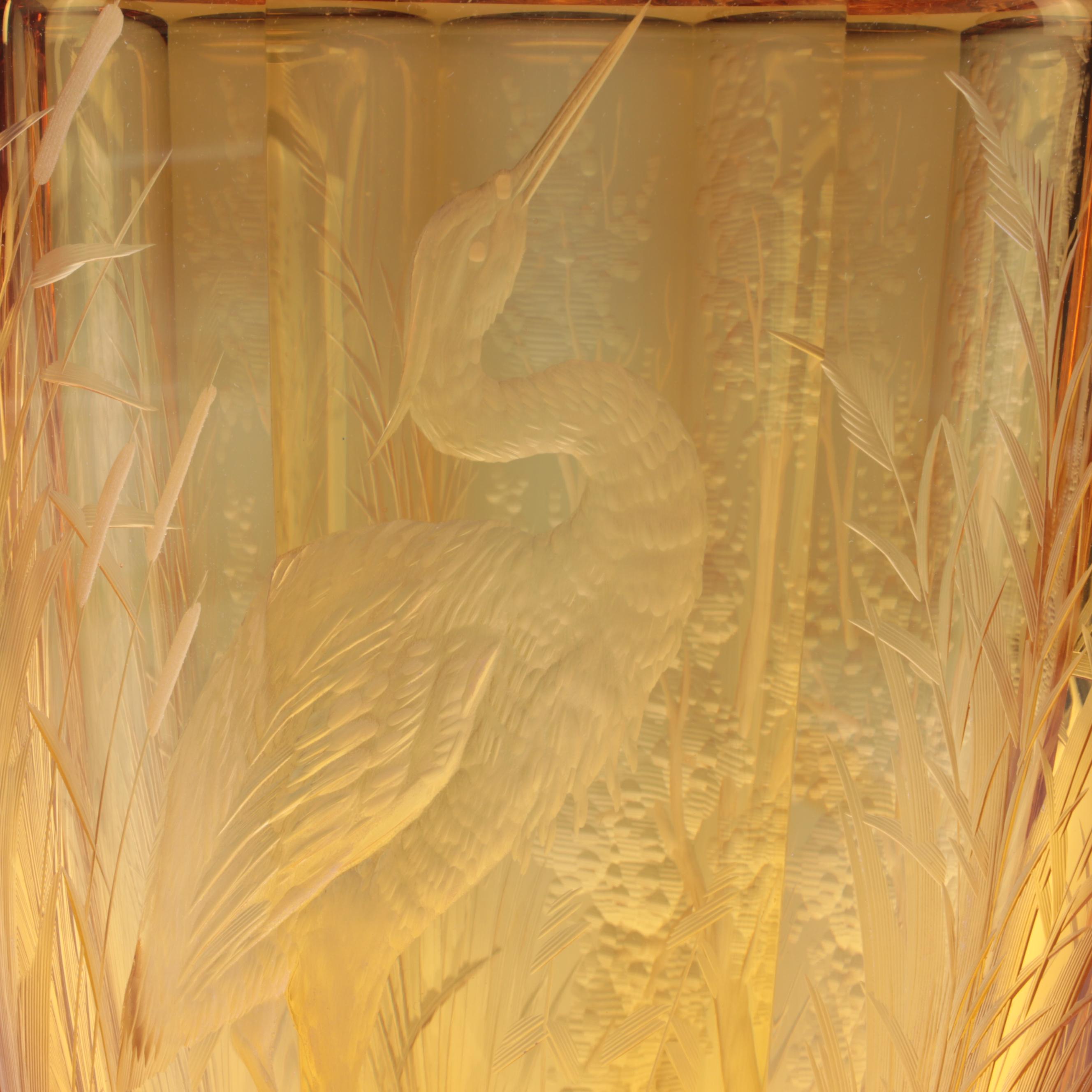 Konstantin Hable Jr. for Moser Landscape with Heron Engraved Crystal Vase, 1979