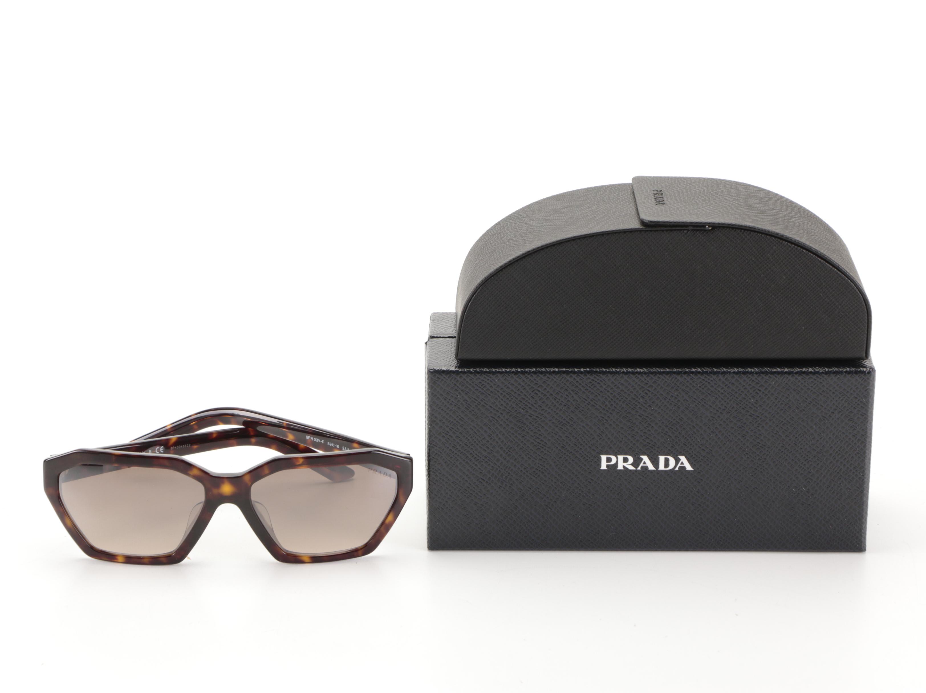 Prada SPR03V-F Geometric Sunglasses in Tortoise Acetate with Case and Box