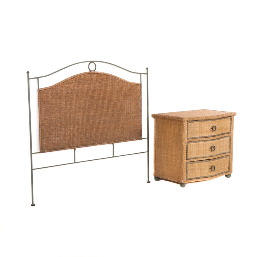 Metal and Wicker Headboard with Three-Drawer Nightstand