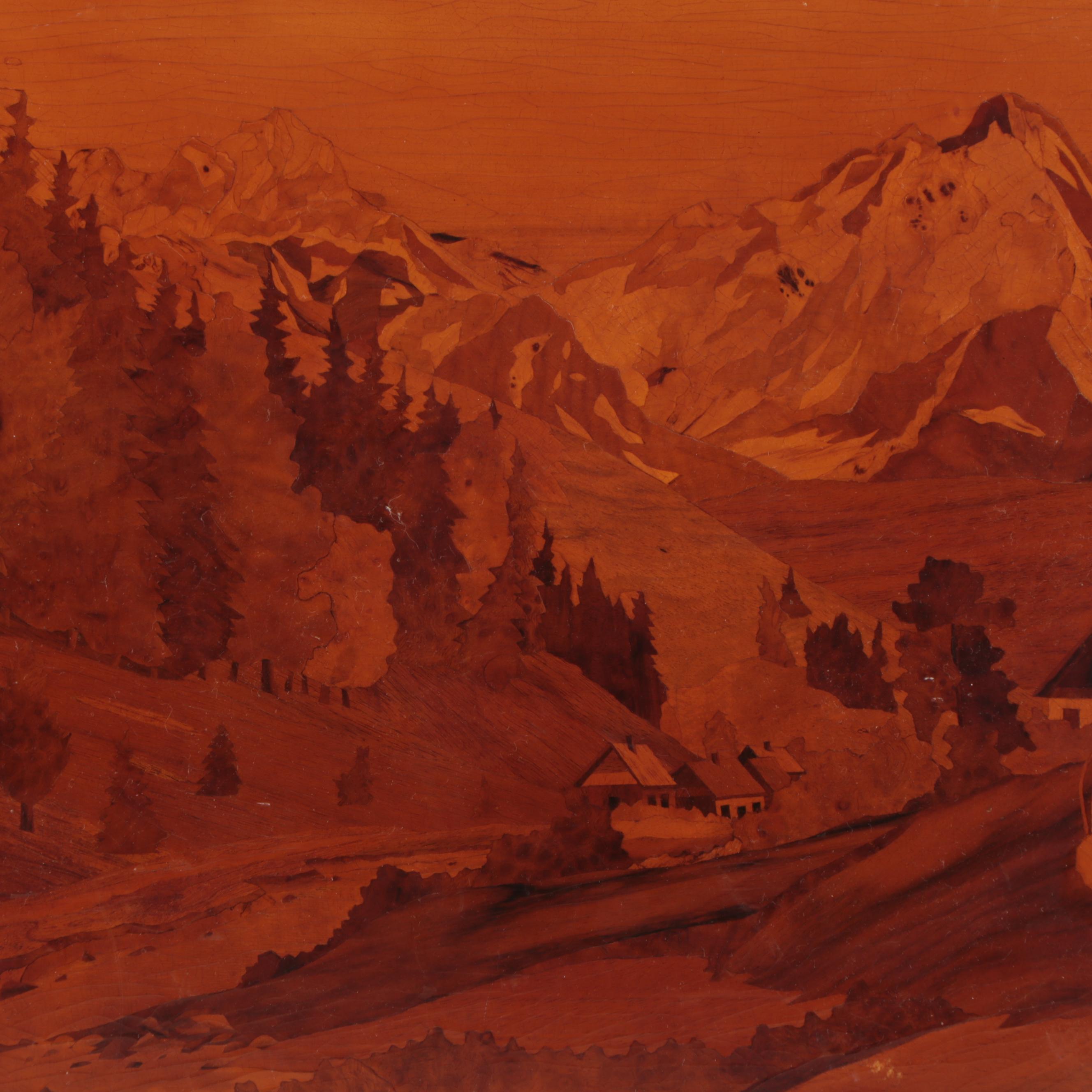Landscape Inlay Marquetry of of Distant Mountains, Mid-20th Century