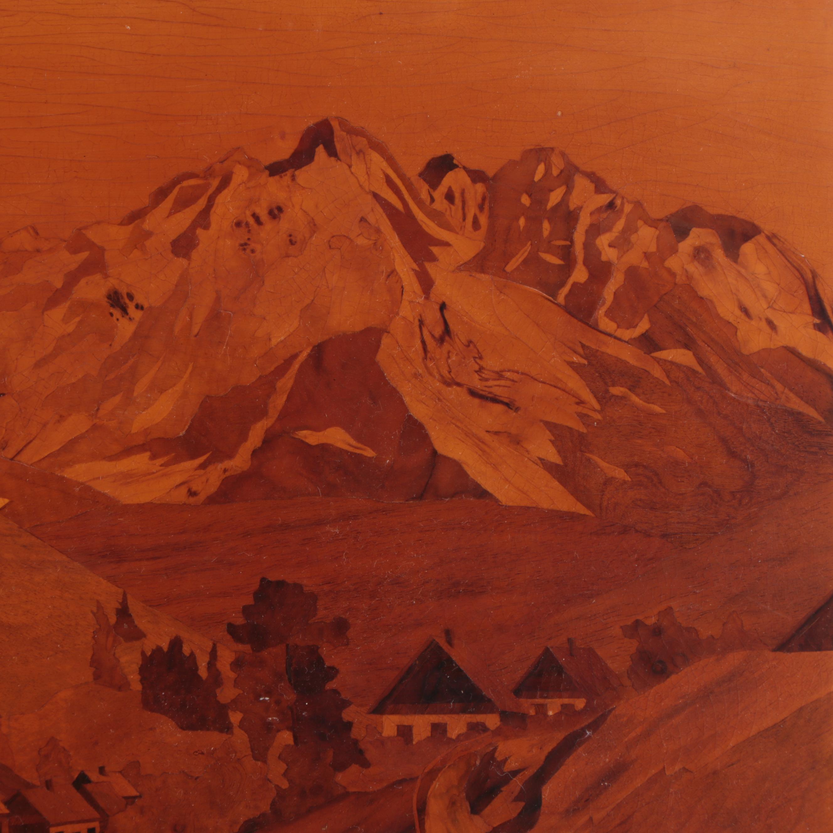 Landscape Inlay Marquetry of of Distant Mountains, Mid-20th Century