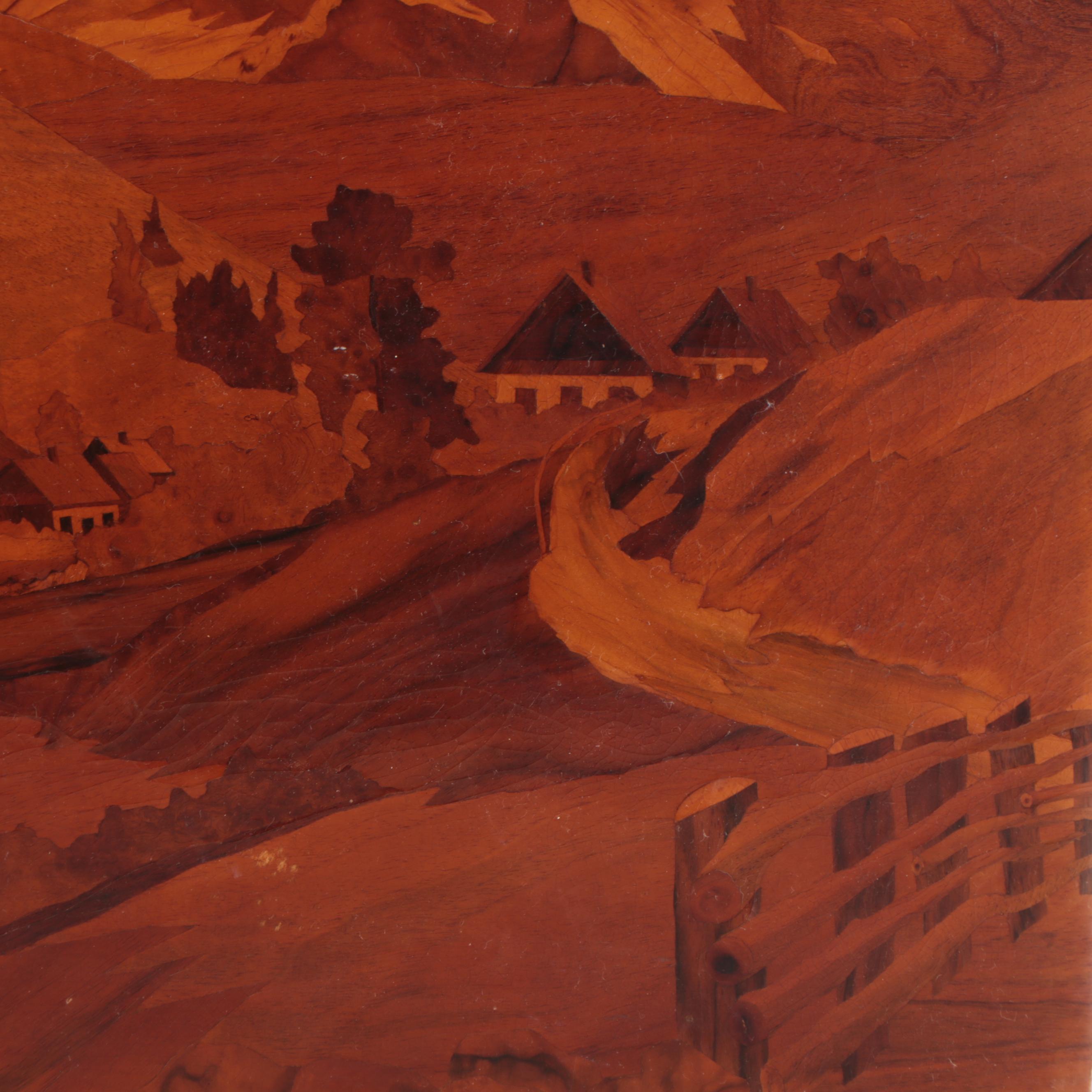 Landscape Inlay Marquetry of of Distant Mountains, Mid-20th Century
