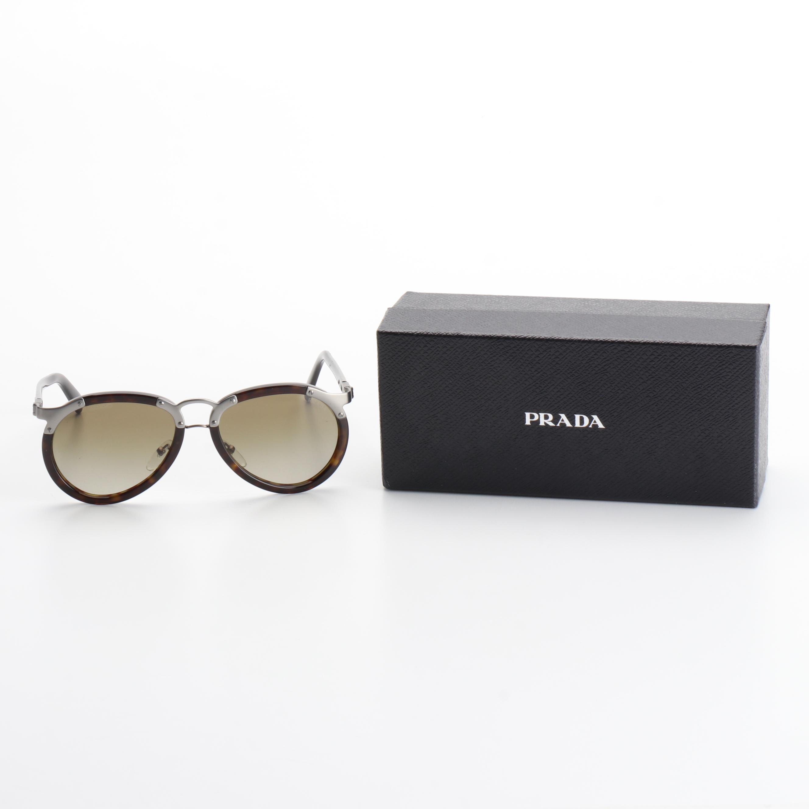 Prada SPR01T Dark Havana/Brushed Metal Aviator Sunglasses with Box and Case