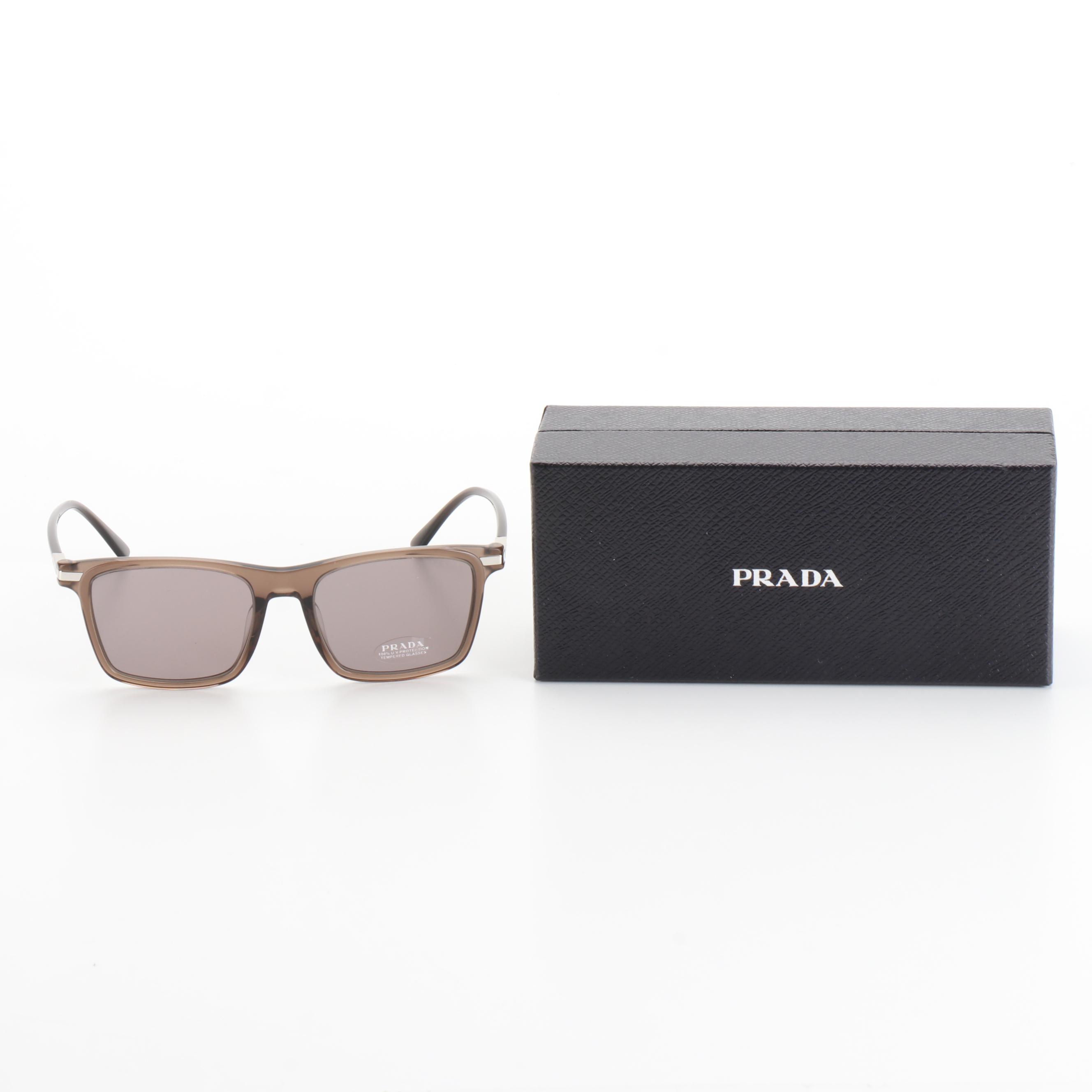 Prada SPR19XS-F Translucent Brown Rectangular Sunglasses with Box and Case