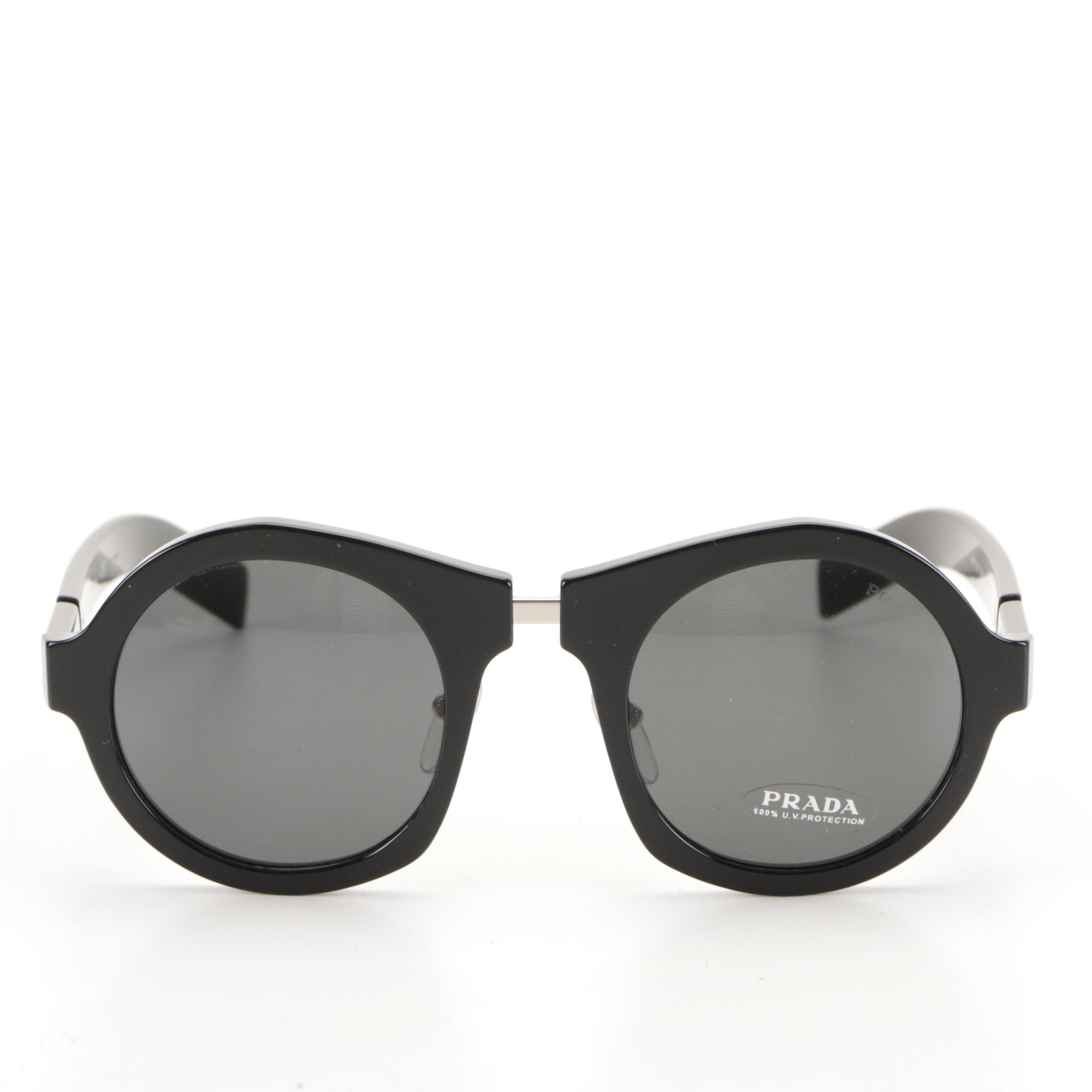 Prada SPR 10X Round Sunglasses in Black Acetate with Case and Box