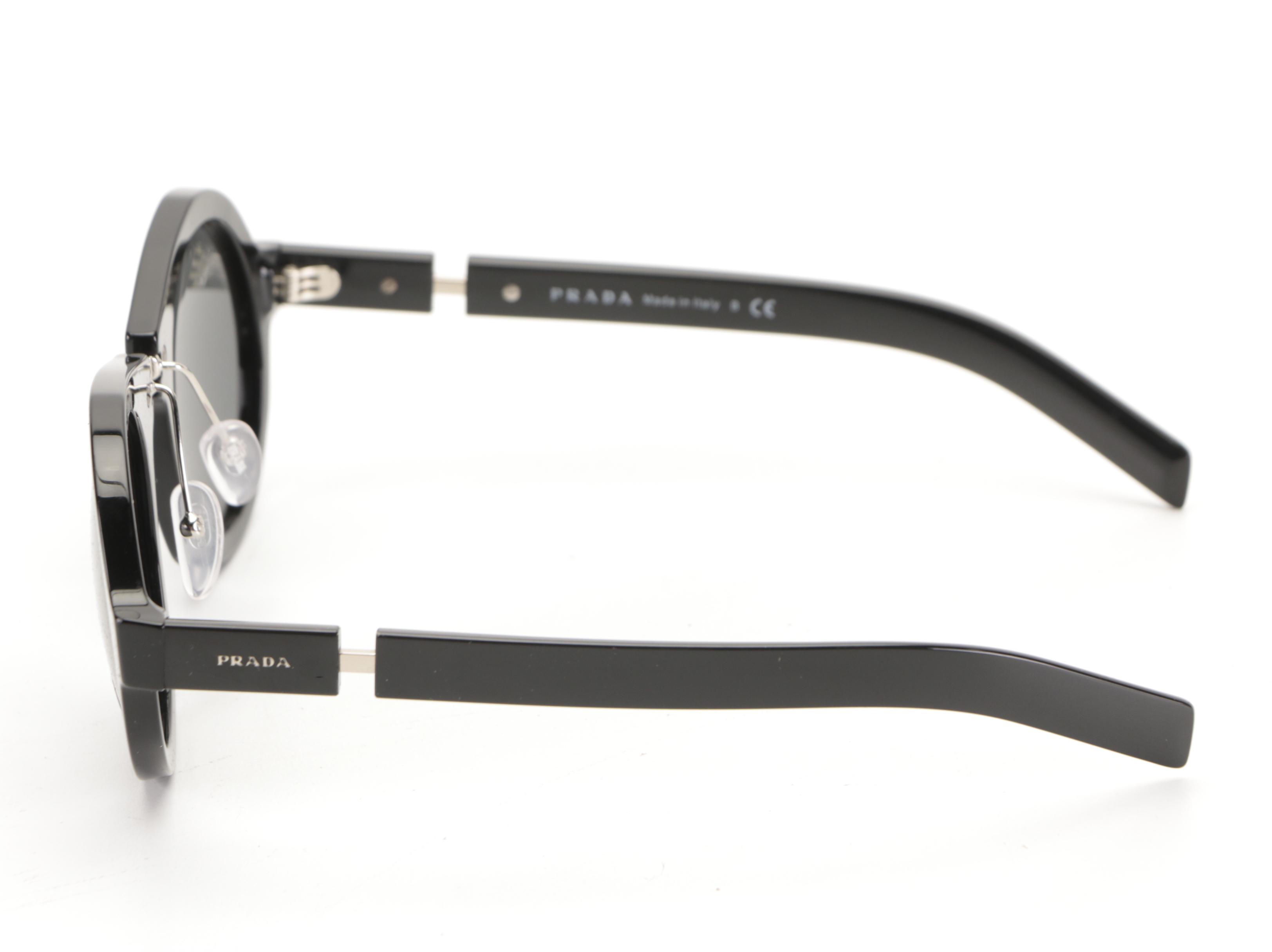 Prada SPR 10X Round Sunglasses in Black Acetate with Case and Box