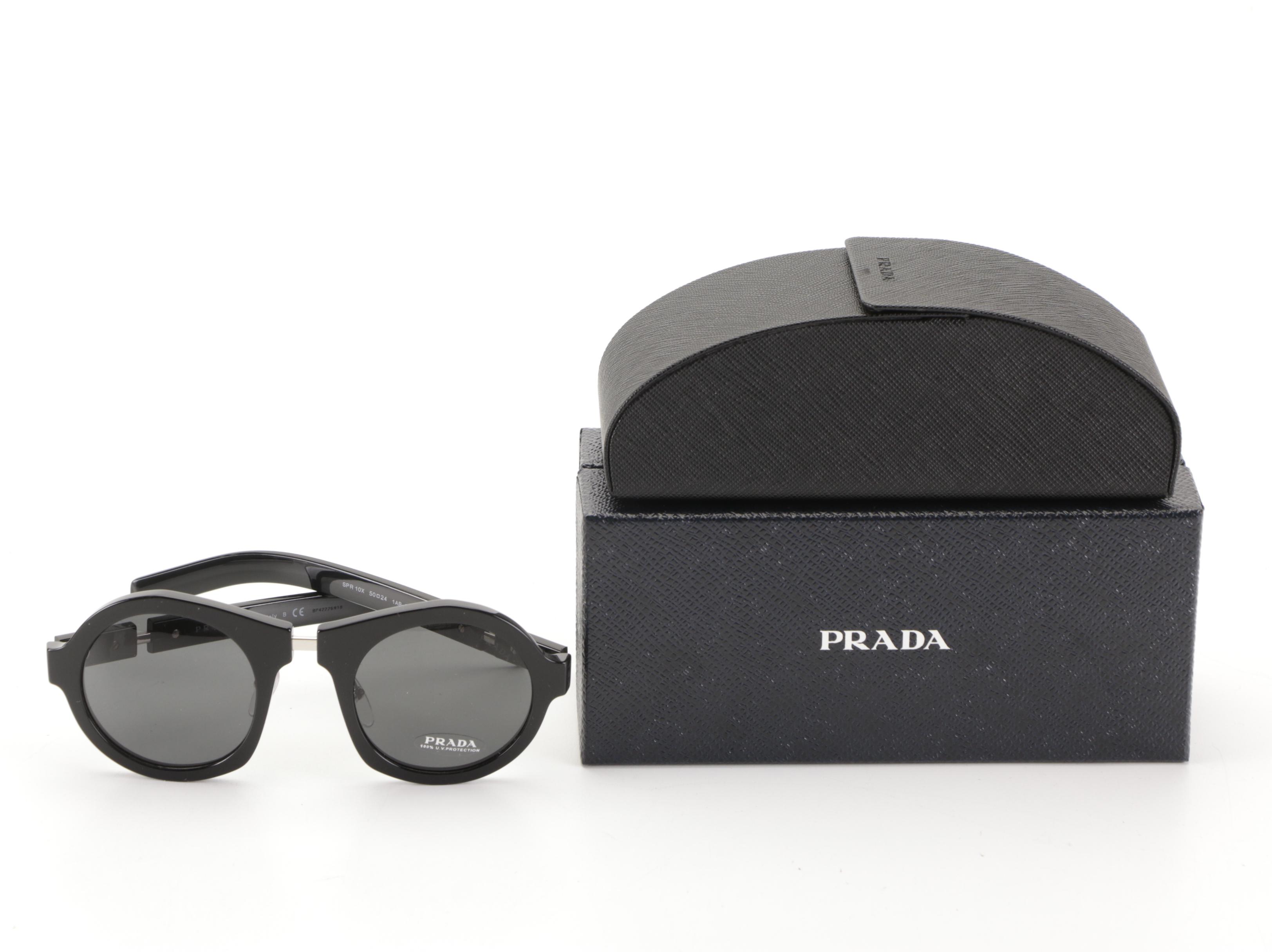 Prada SPR 10X Round Sunglasses in Black Acetate with Case and Box