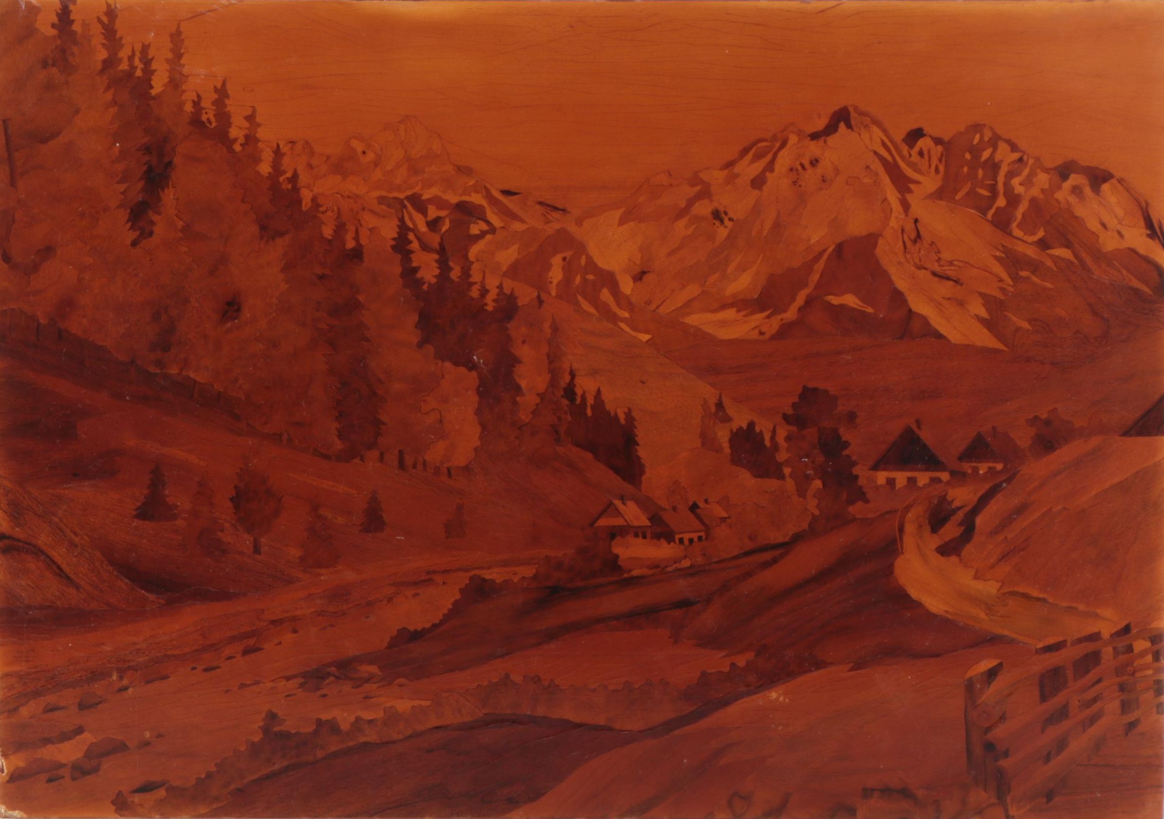 Landscape Inlay Marquetry of of Distant Mountains, Mid-20th Century