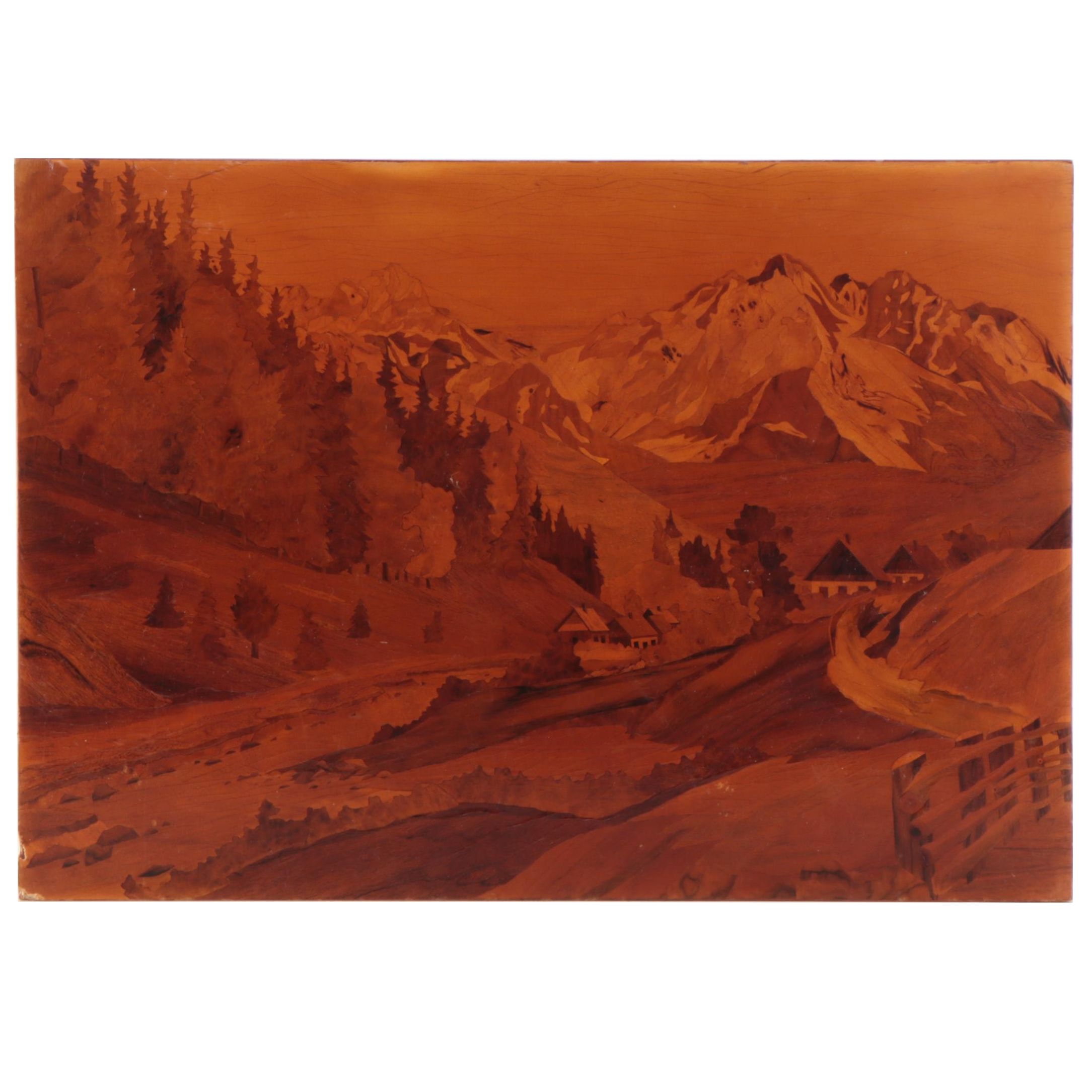 Landscape Inlay Marquetry of of Distant Mountains, Mid-20th Century