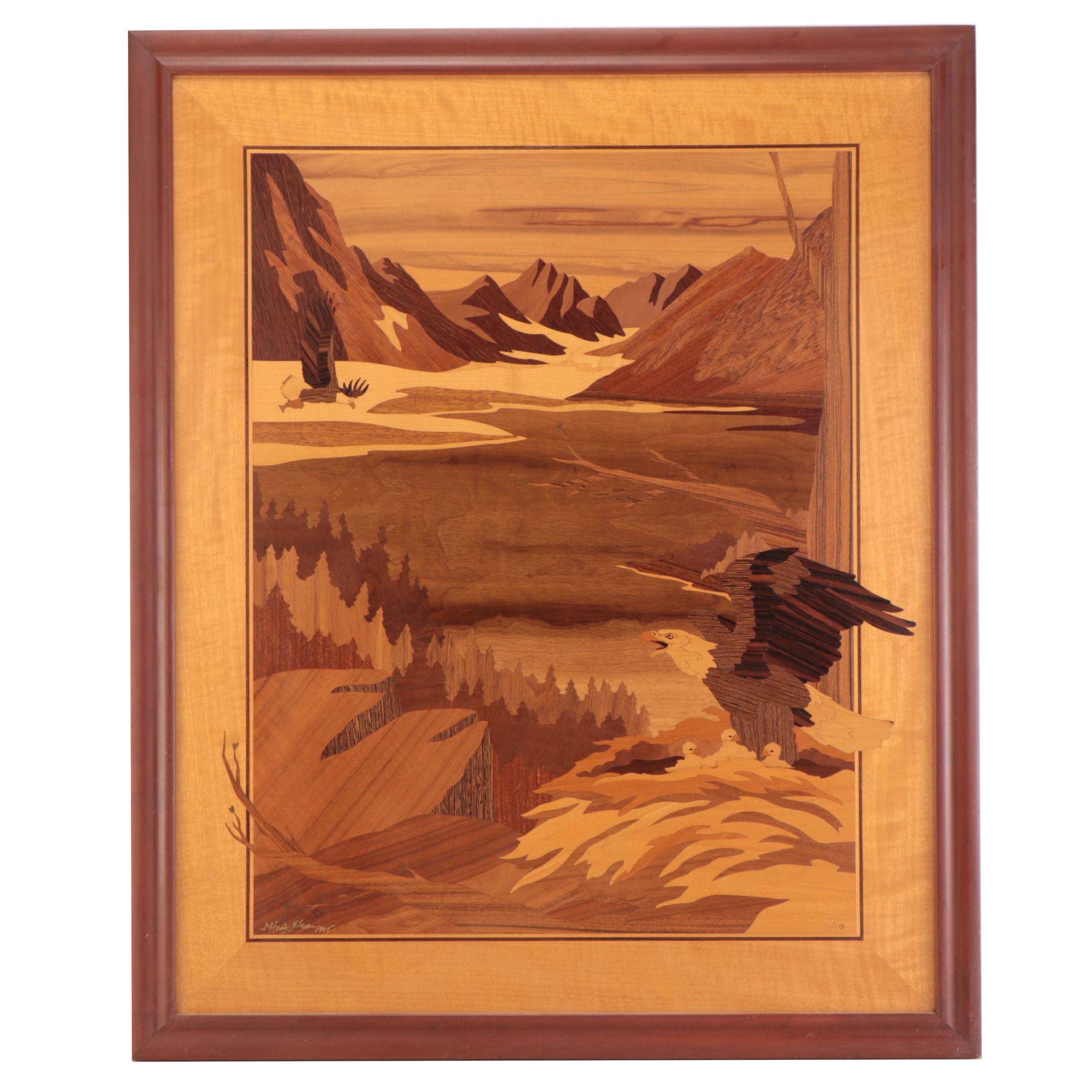 Jeff Nelson Wood Inlay Marquetry Panel "High Country Home," 1995