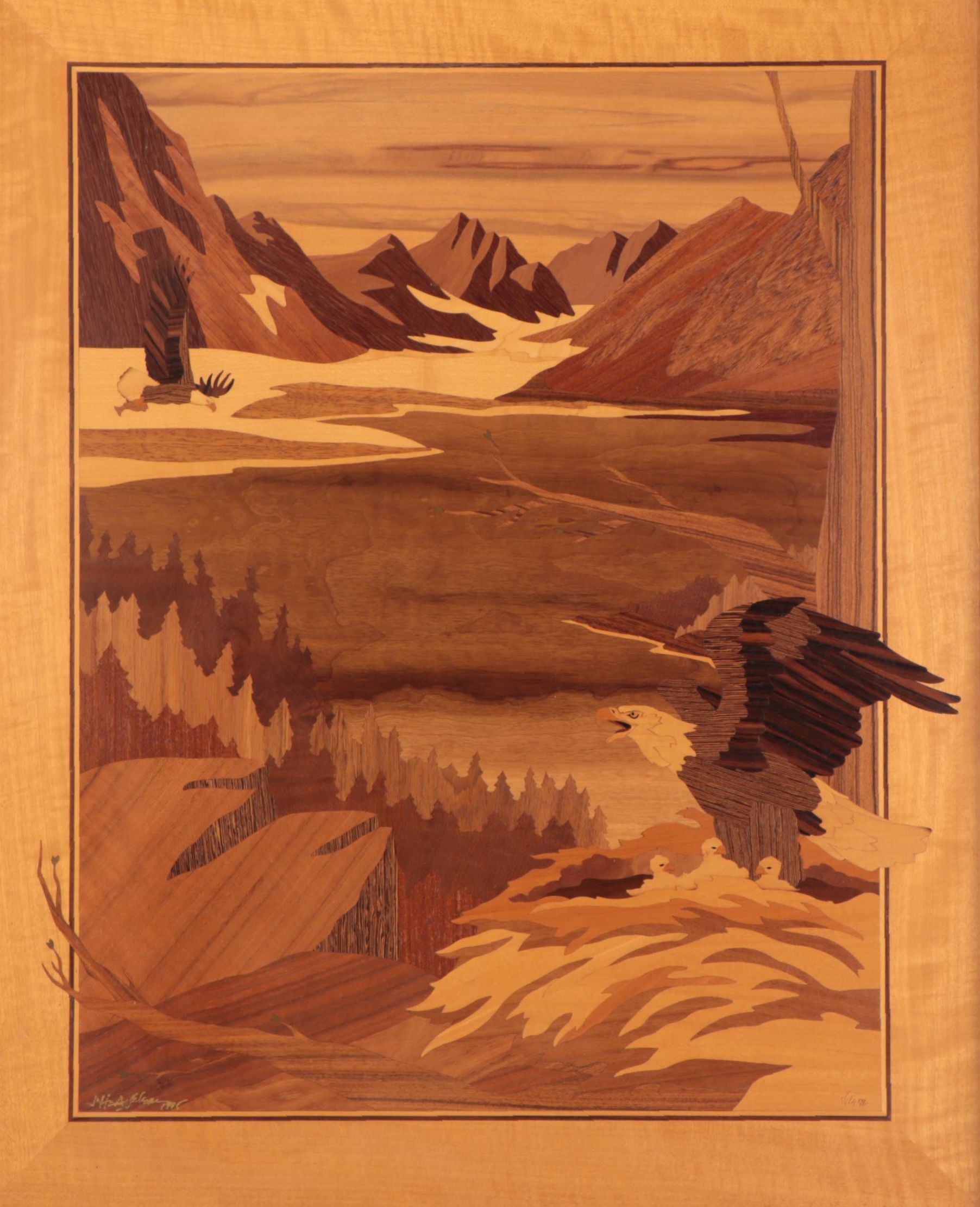 Jeff Nelson Wood Inlay Marquetry Panel "High Country Home," 1995