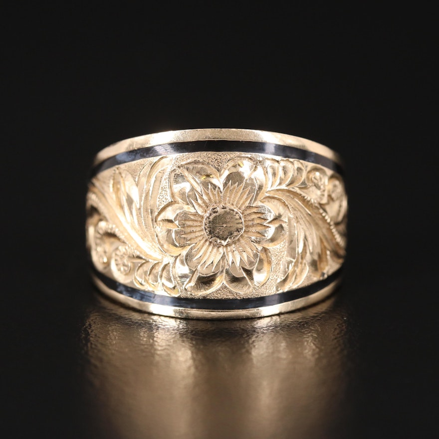 14K Foliate Ring with Enameled Accents