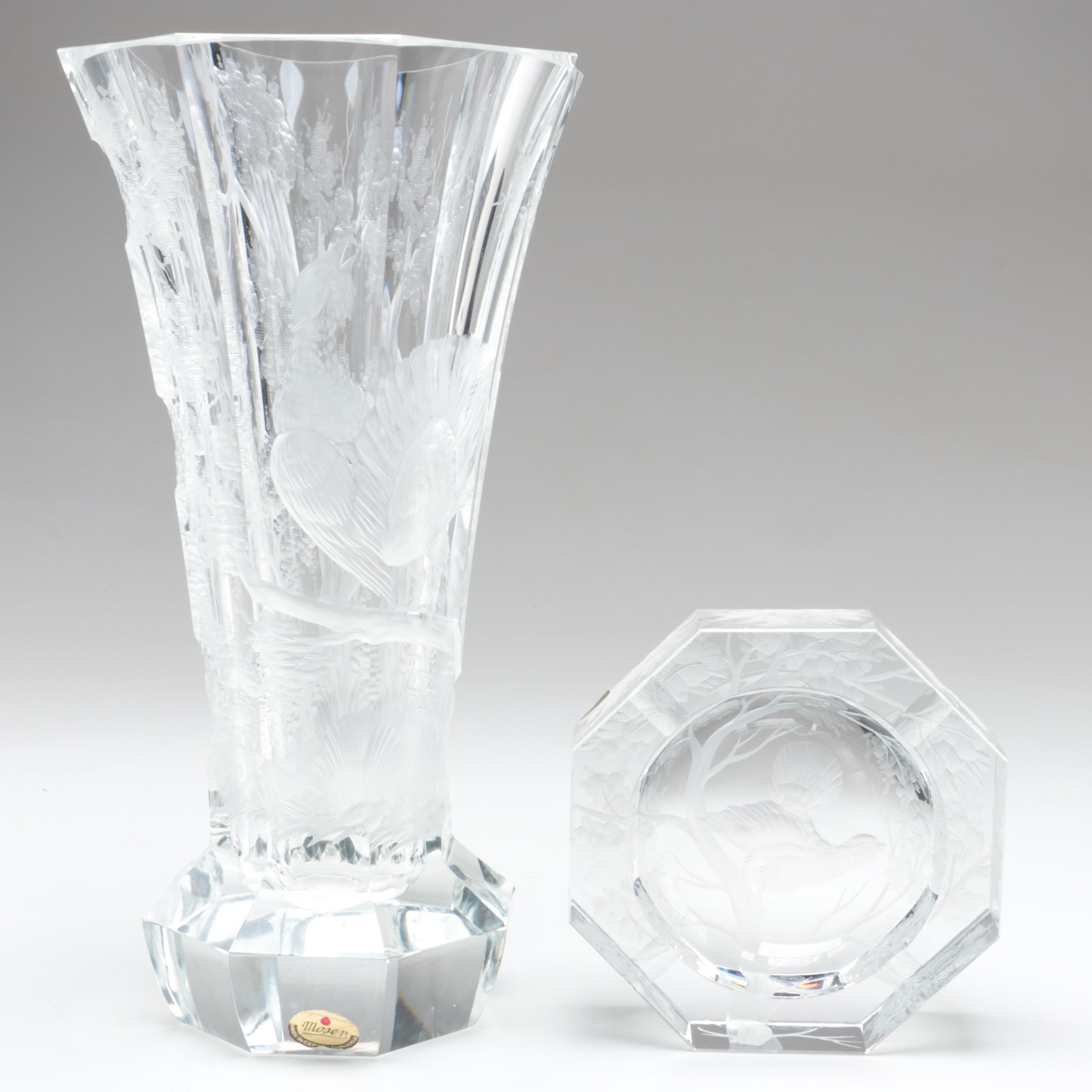 Konstantin Hable Jr. for Moser Tree with Bird Engraved Crystal Vase and Ashtray