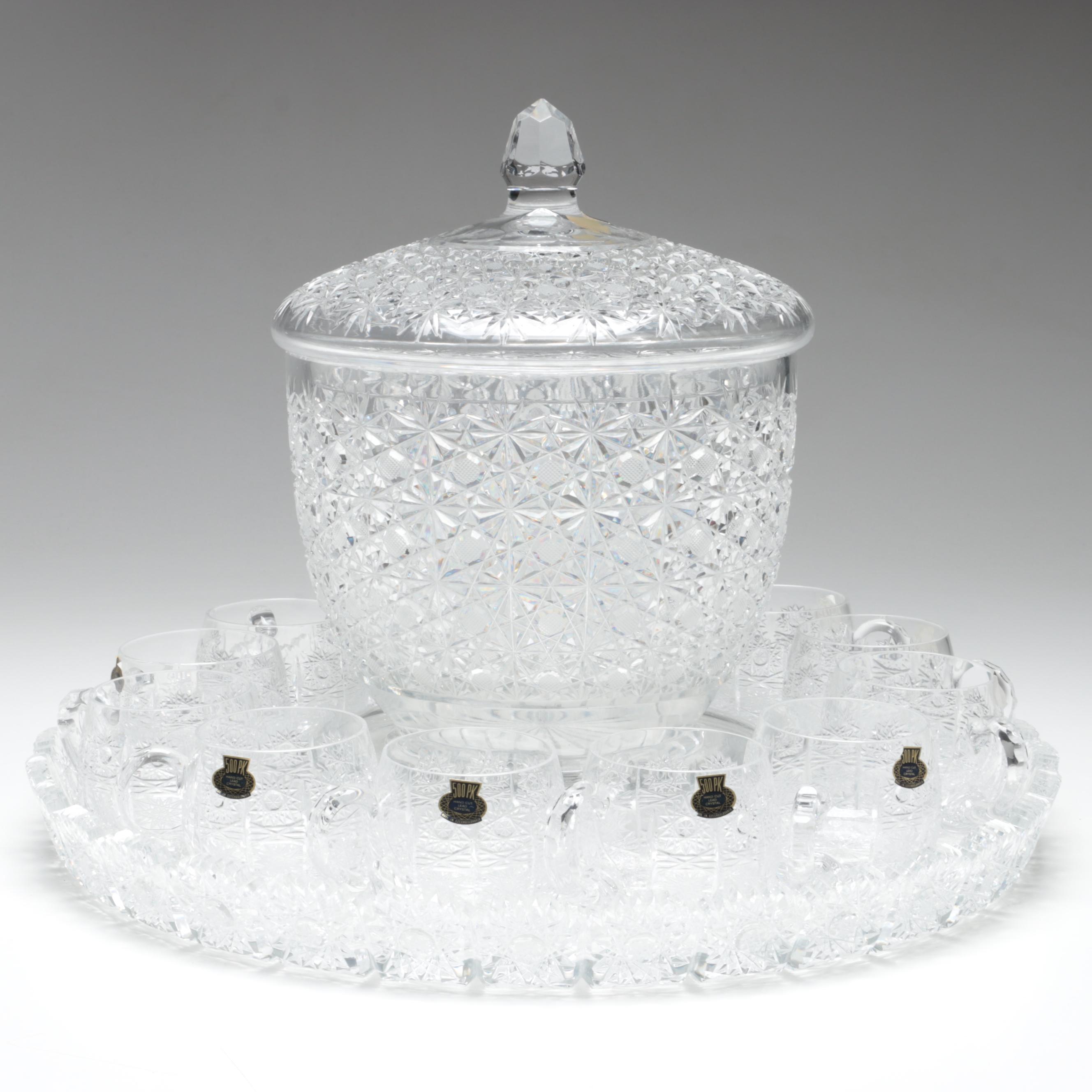 500 PK Cut Czech Crystal Punch Cups and Tray with Lausitzer Lidded Punch Bowl