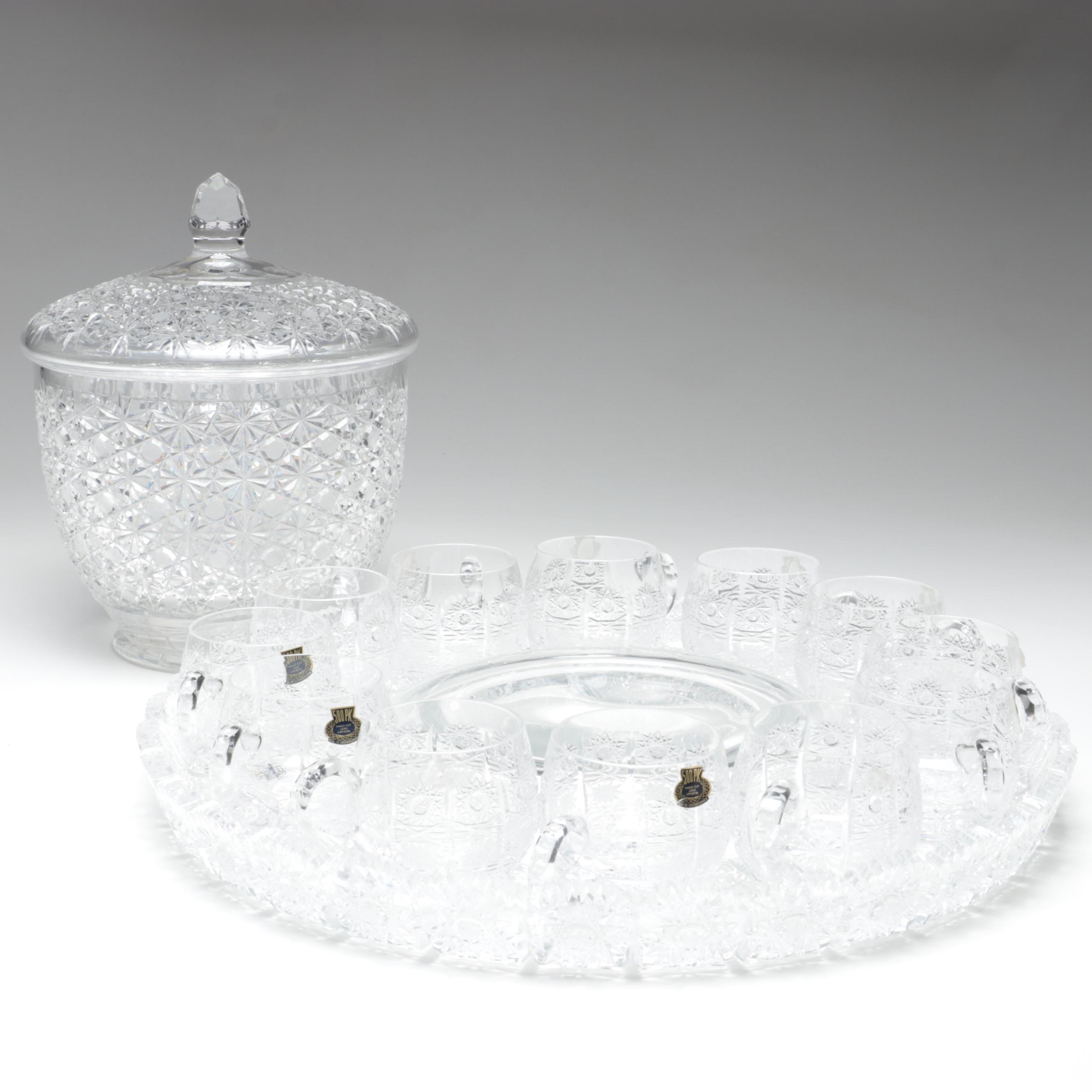 500 PK Cut Czech Crystal Punch Cups and Tray with Lausitzer Lidded Punch Bowl