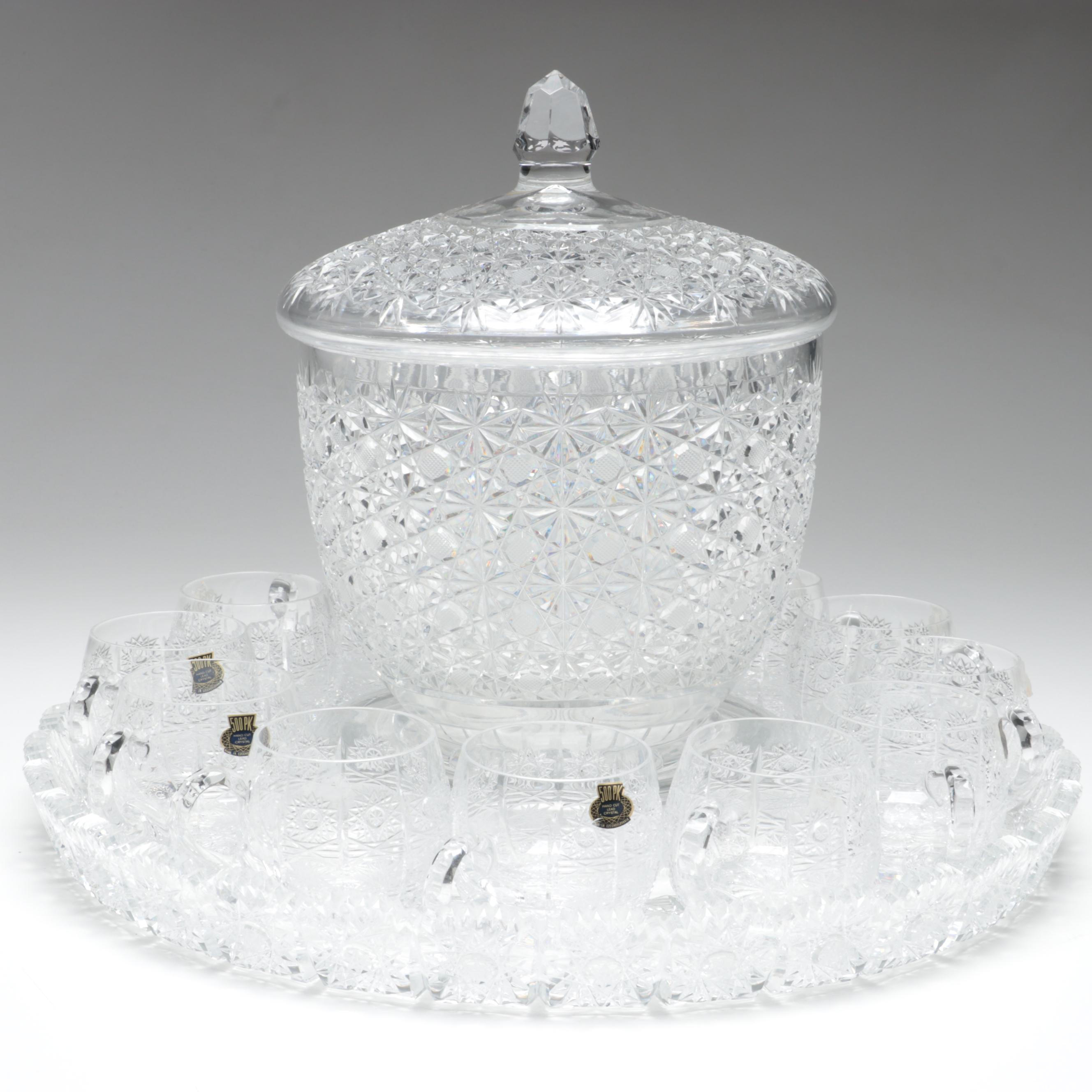 500 PK Cut Czech Crystal Punch Cups and Tray with Lausitzer Lidded Punch Bowl
