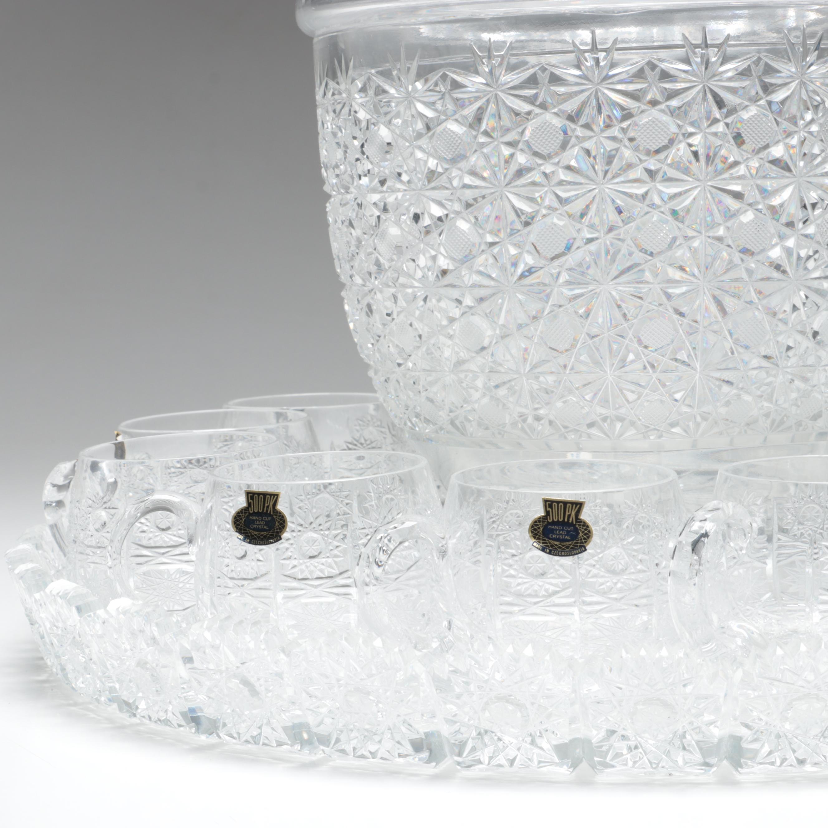 500 PK Cut Czech Crystal Punch Cups and Tray with Lausitzer Lidded Punch Bowl