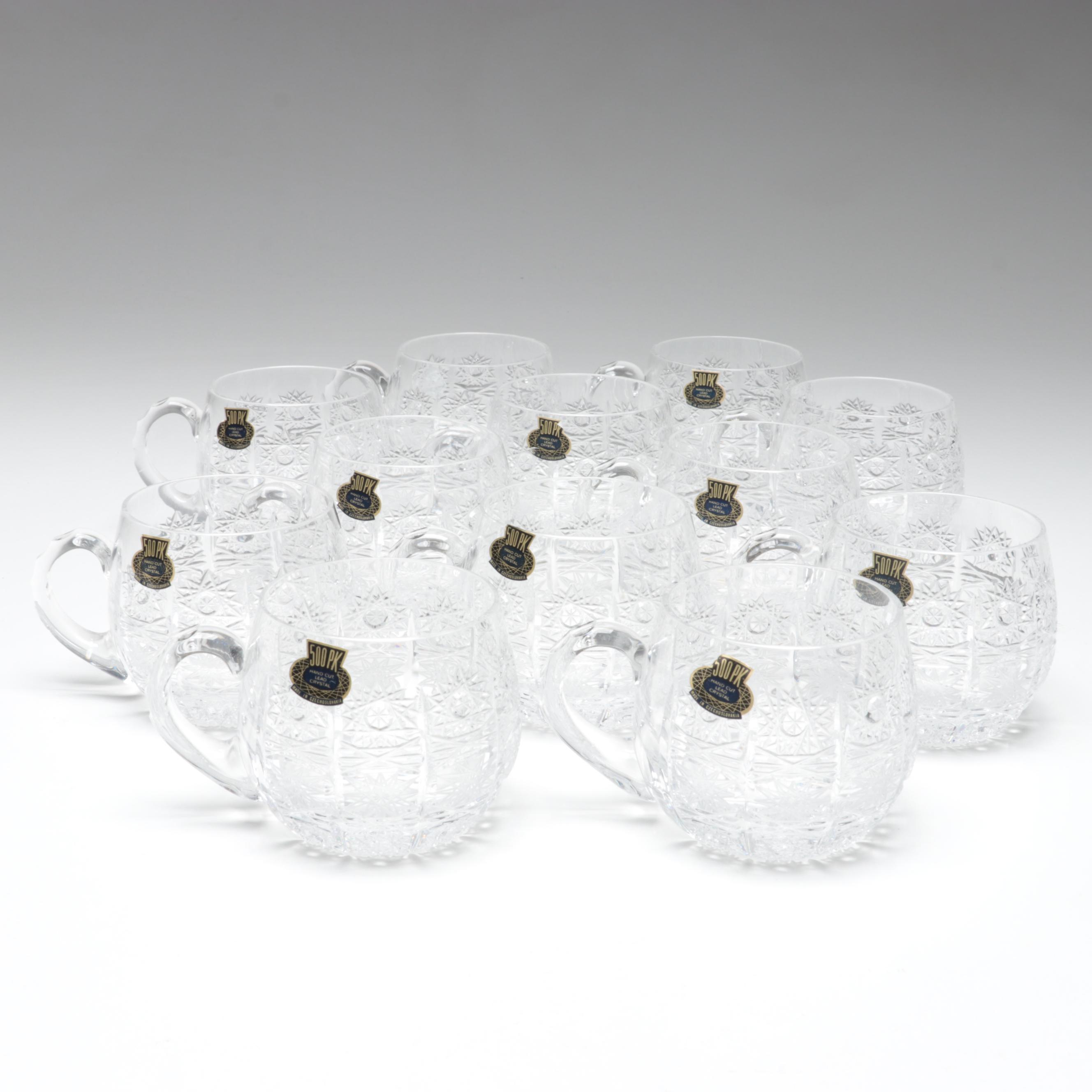 500 PK Cut Czech Crystal Punch Cups and Tray with Lausitzer Lidded Punch Bowl