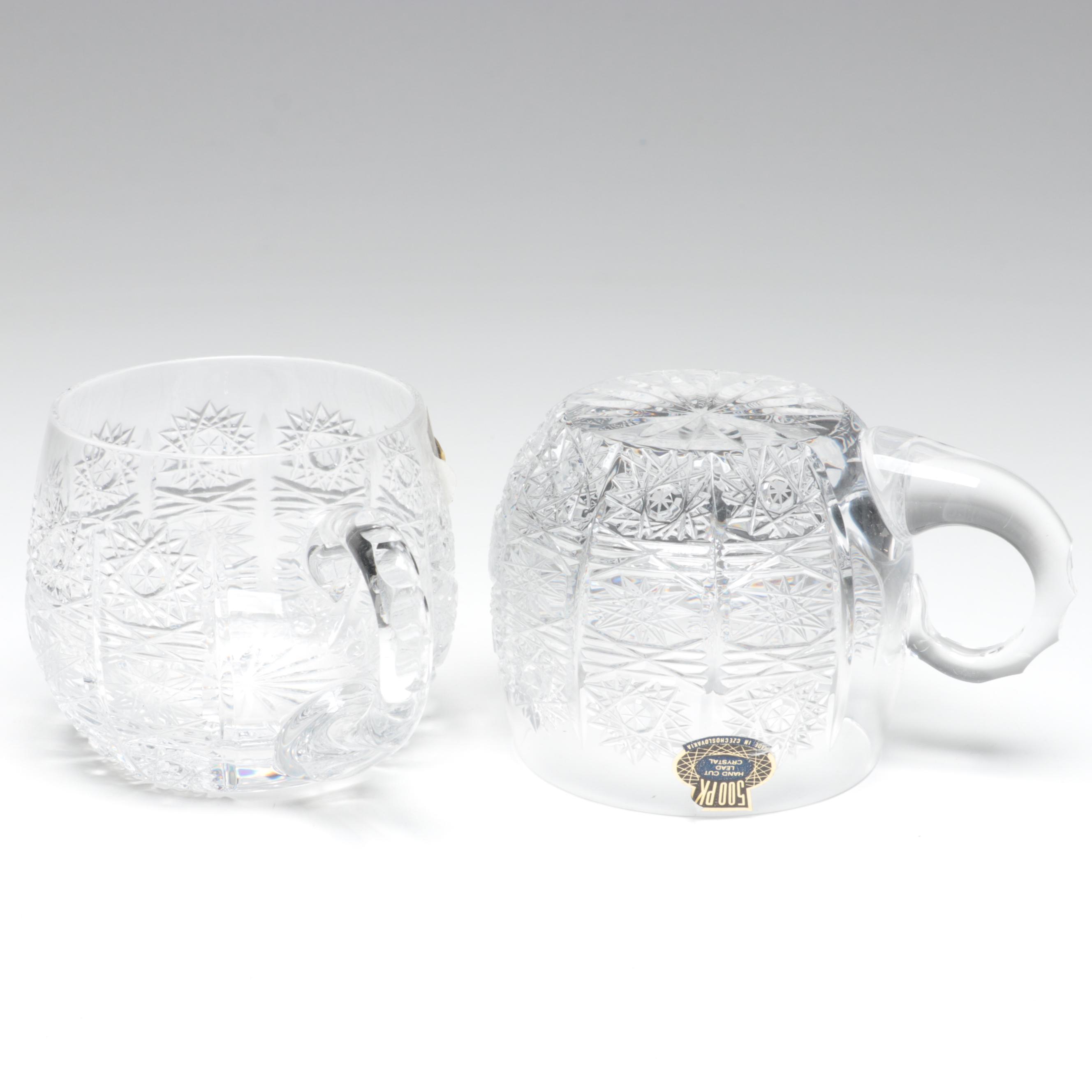 500 PK Cut Czech Crystal Punch Cups and Tray with Lausitzer Lidded Punch Bowl