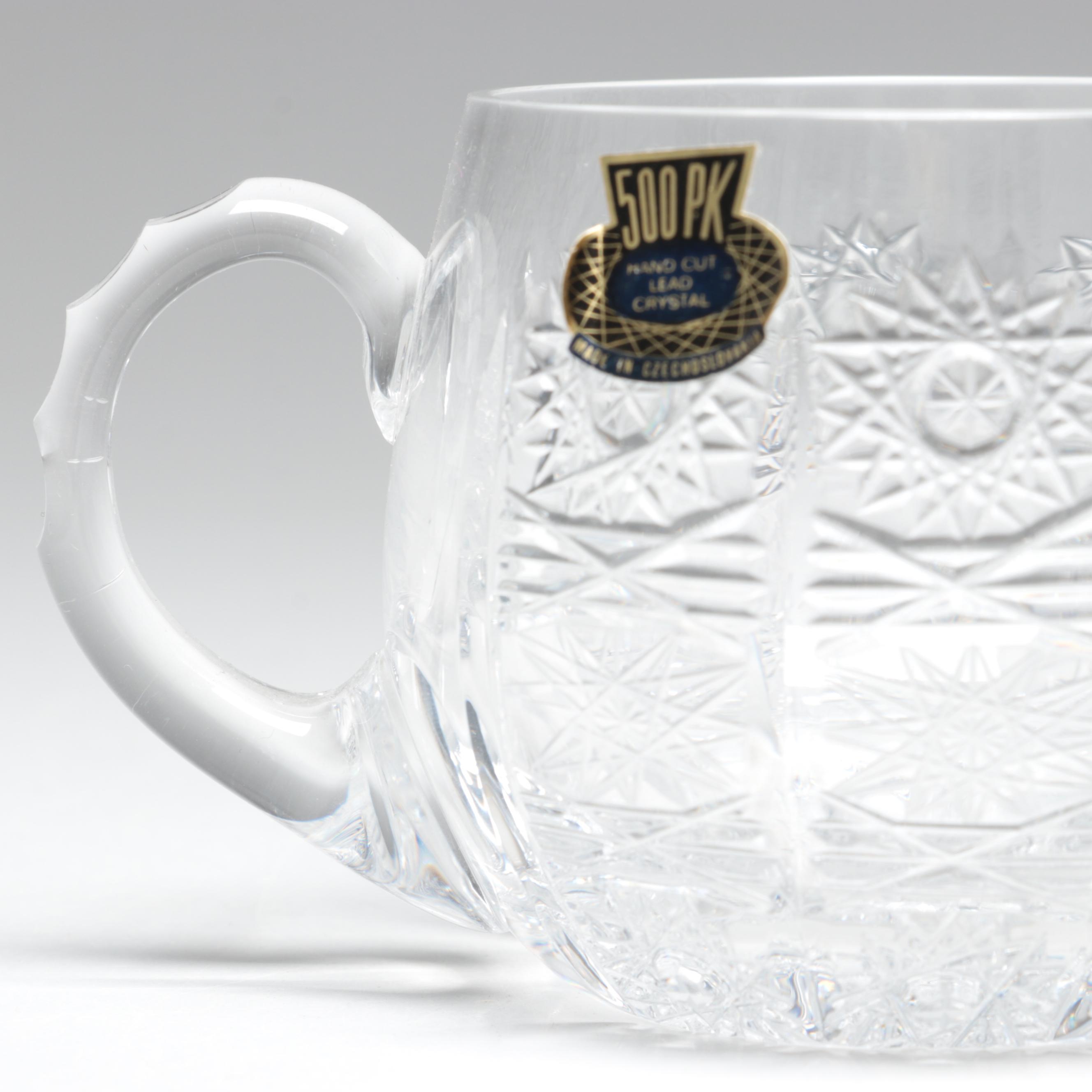 500 PK Cut Czech Crystal Punch Cups and Tray with Lausitzer Lidded Punch Bowl