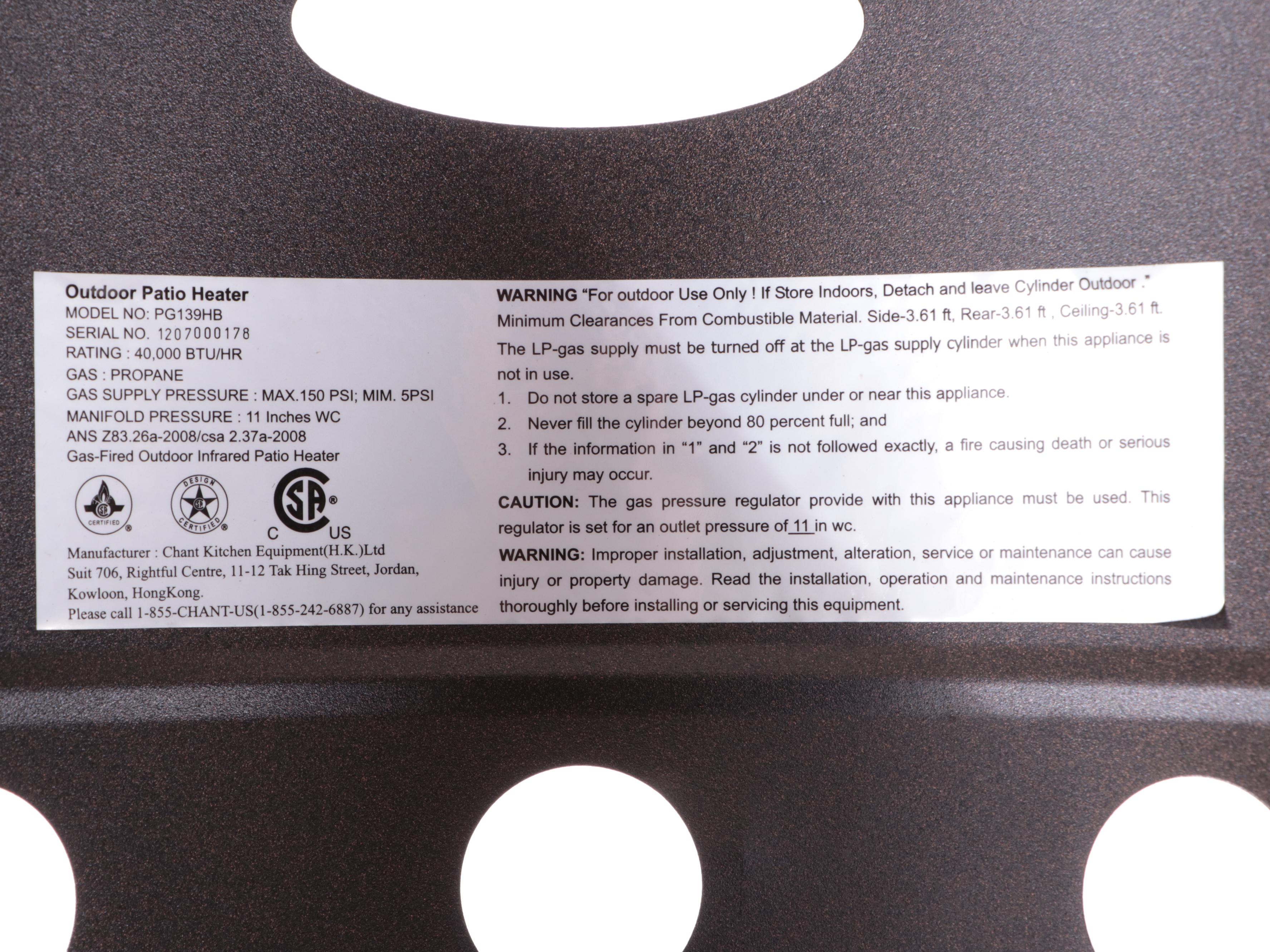 Chant Kitchen Equipment Ltd. Outdoor LP Gas Patio Heater