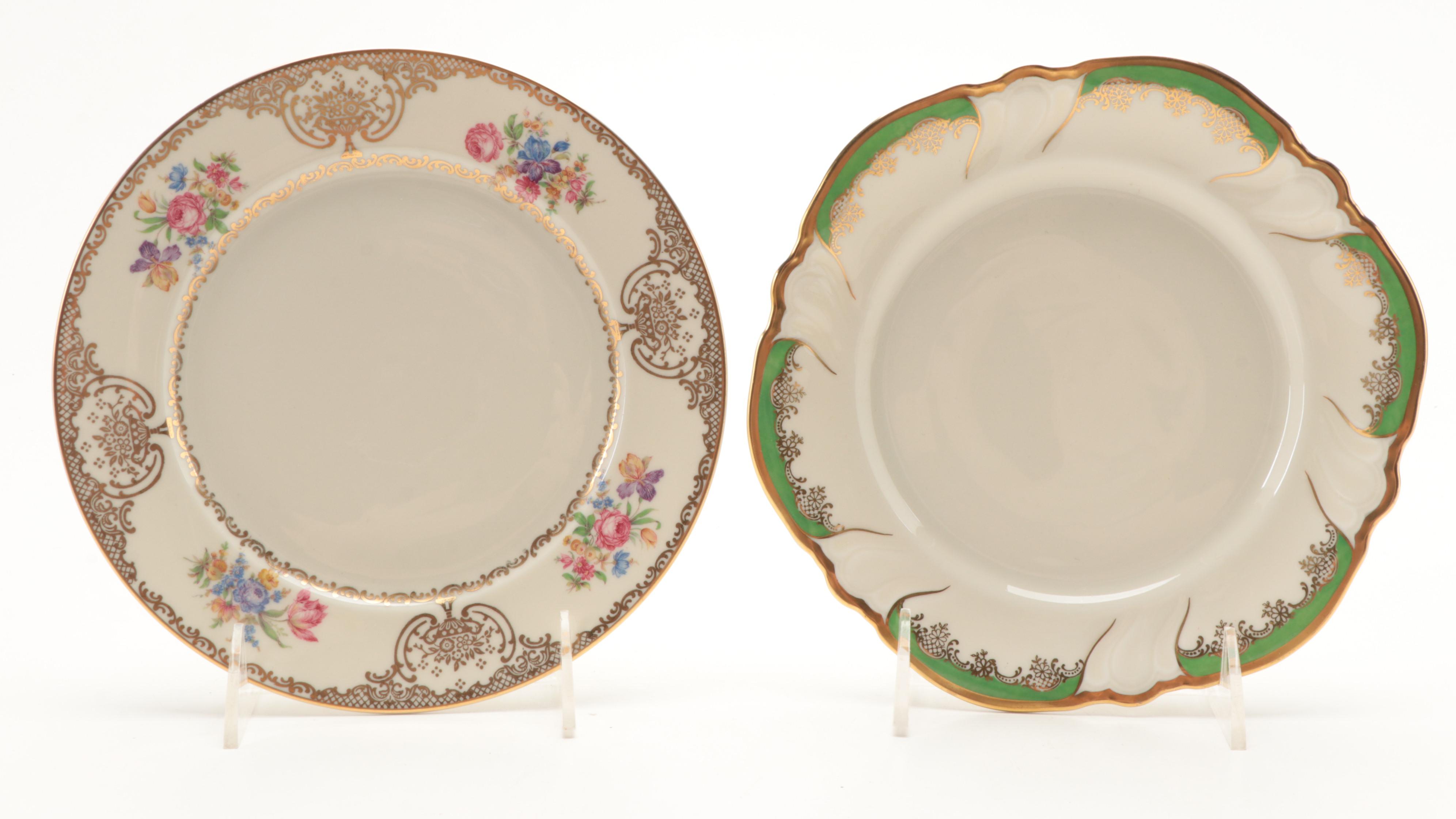 Hand-Painted German and French Porcelain Plates and Serving Bowls