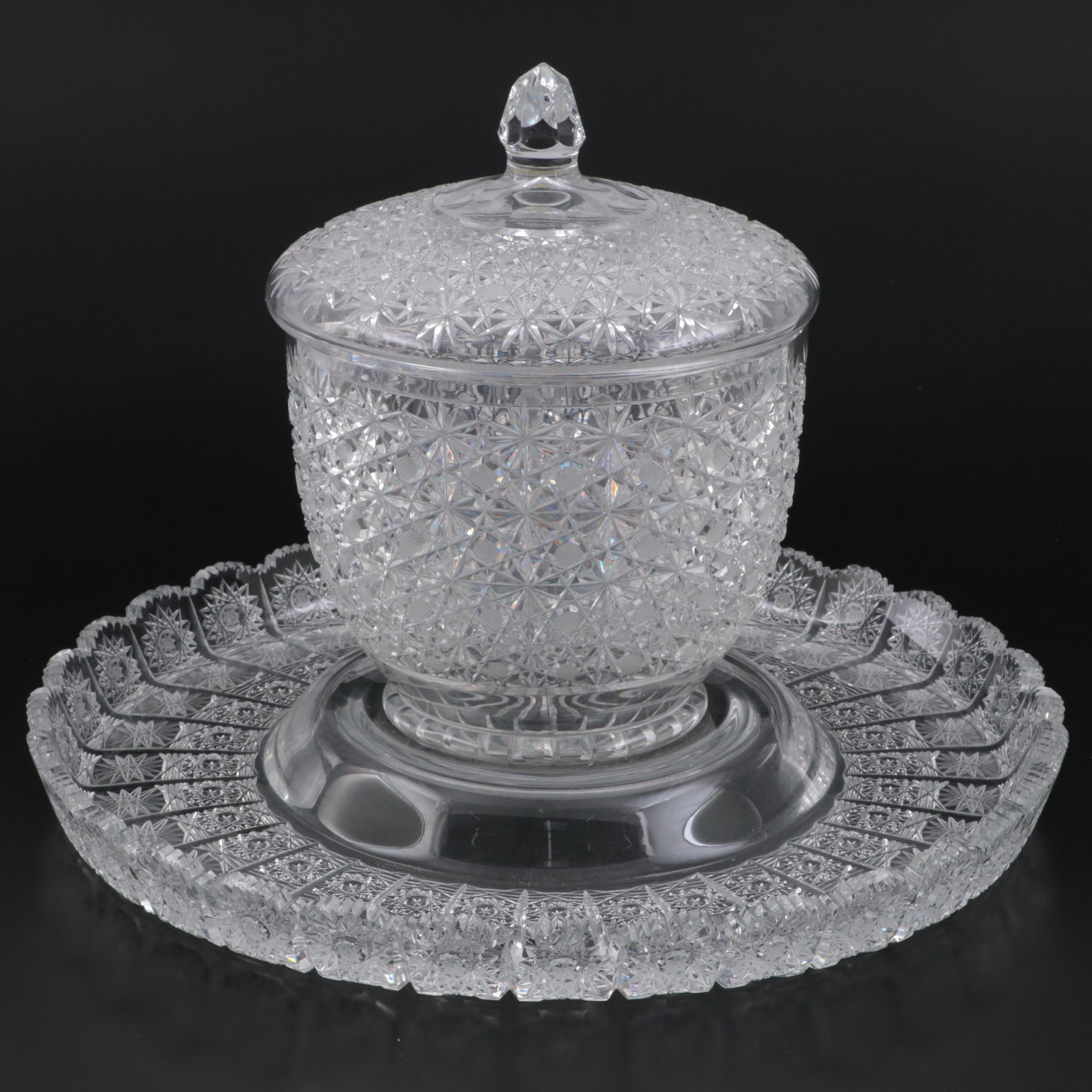 500 PK Cut Czech Crystal Punch Cups and Tray with Lausitzer Lidded Punch Bowl