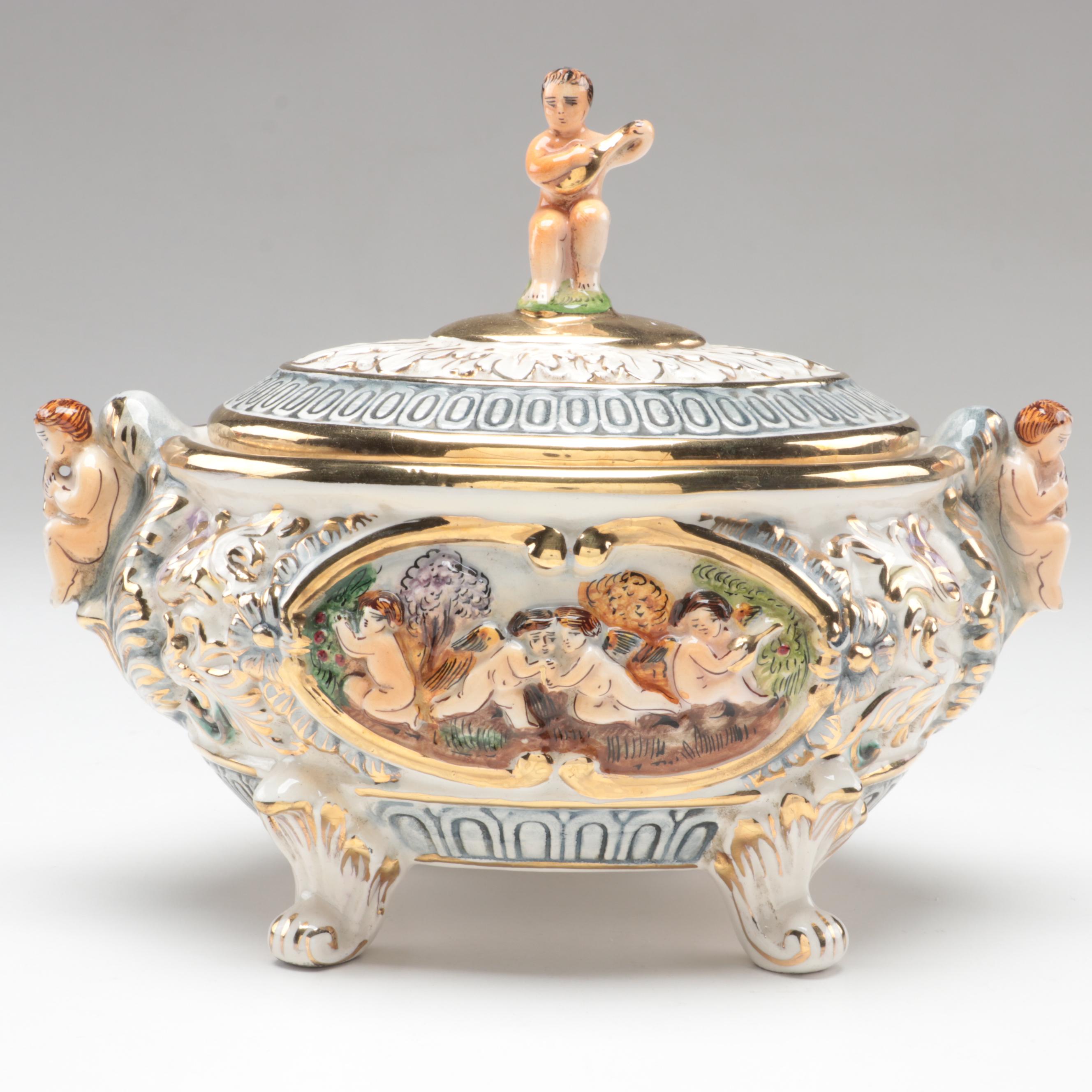 G.B. R. Capodimonte Porcelain Covered Footed Bowl, Mid to Late 20th Century