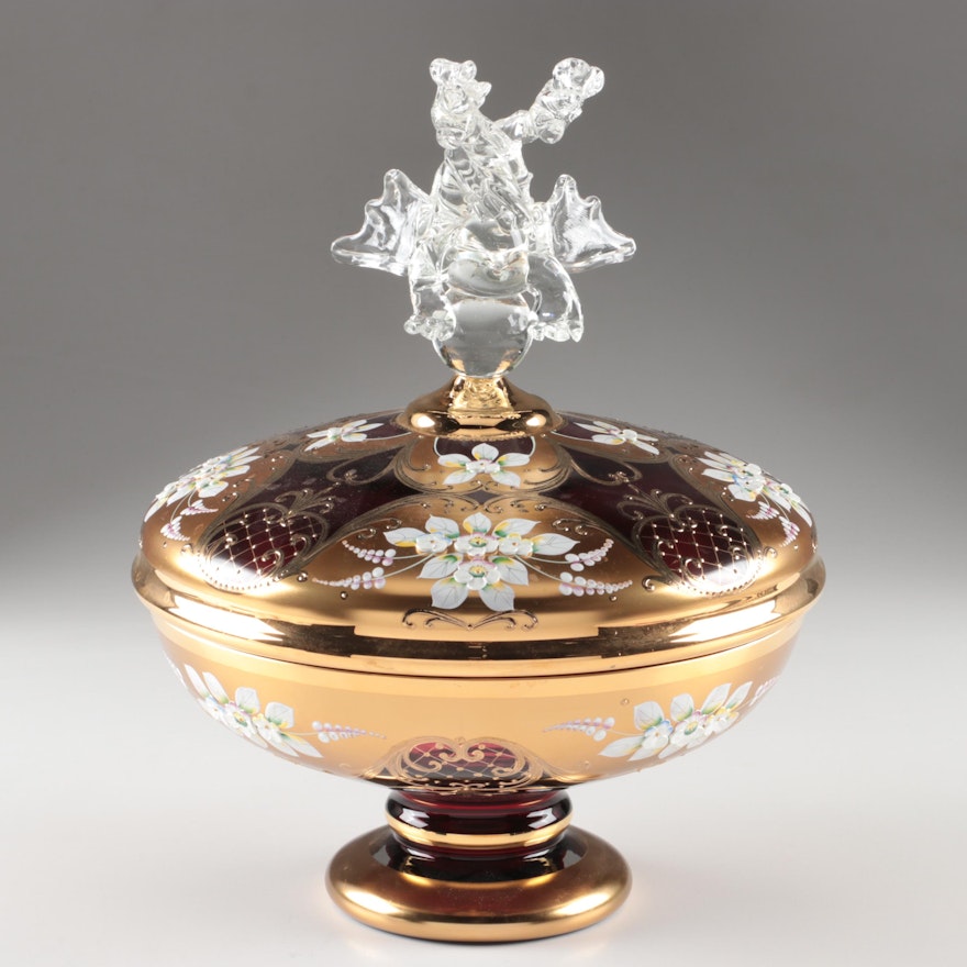 Bohemian Gilt and Enameled Floral Lidded Art Glass Bowl with Dragon Knob