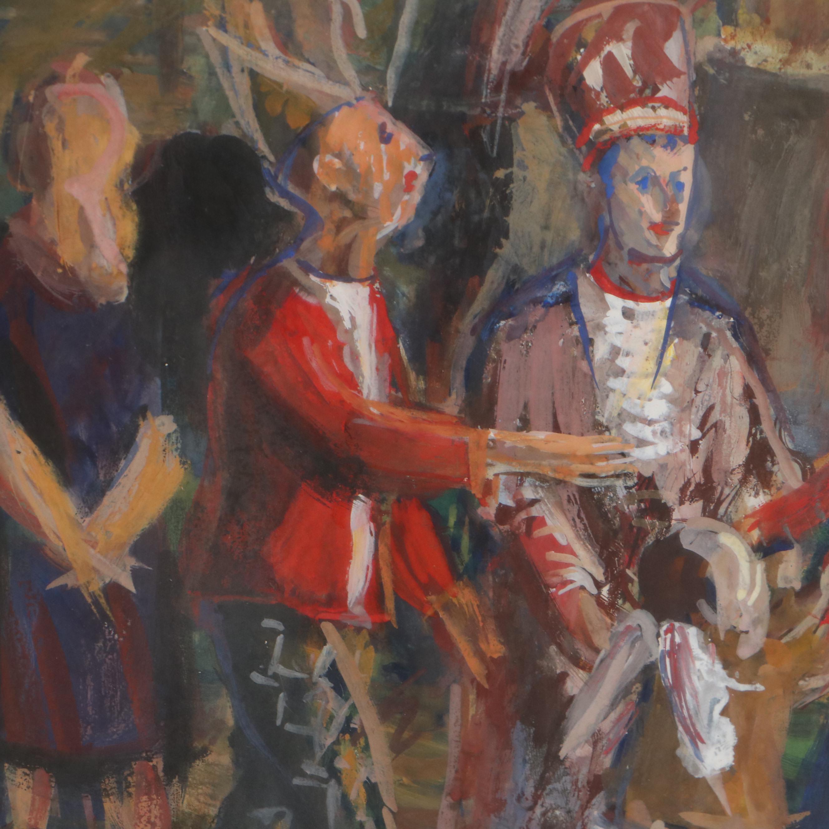 Watercolor and Gouache Painting of Figures With King, 1945