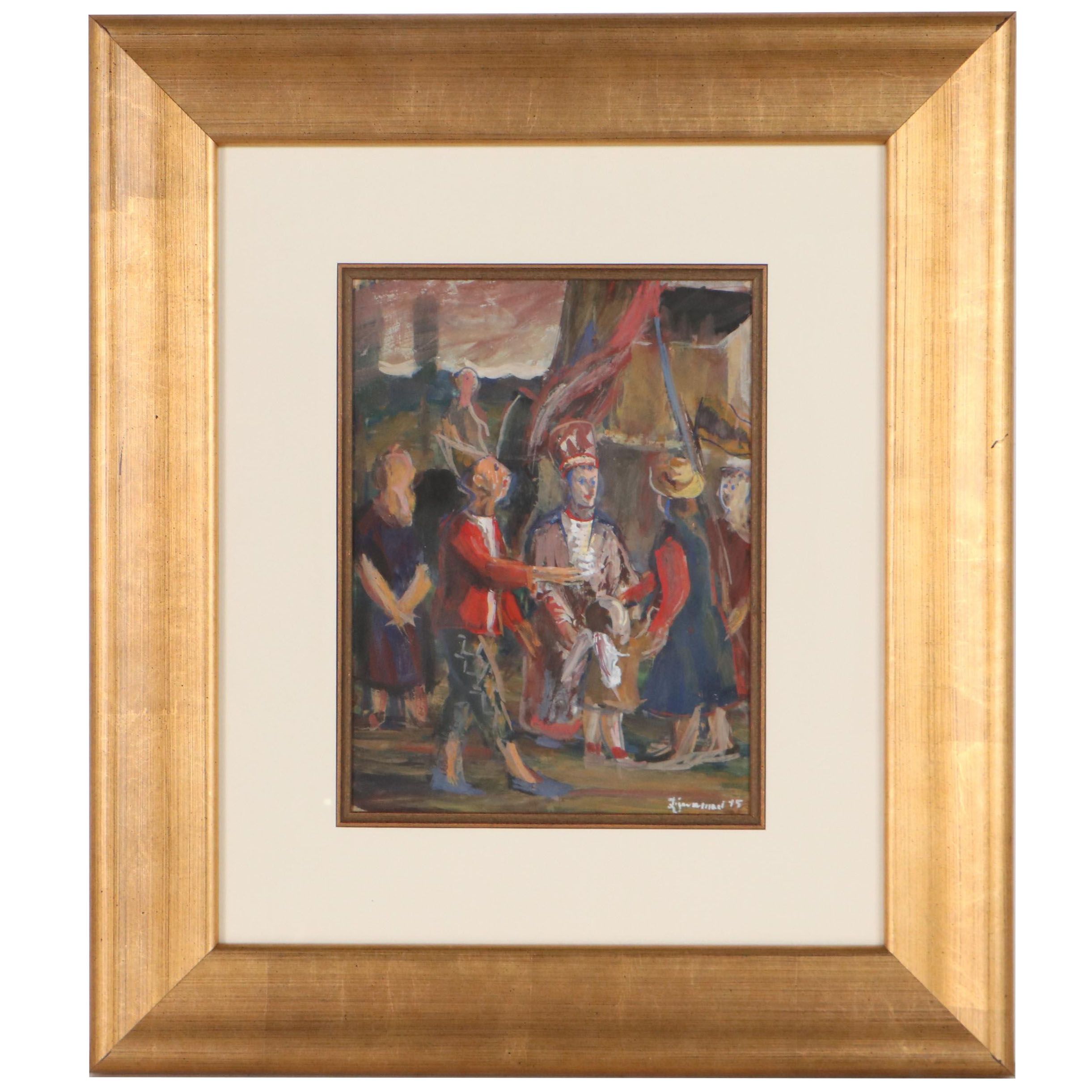 Watercolor and Gouache Painting of Figures With King, 1945