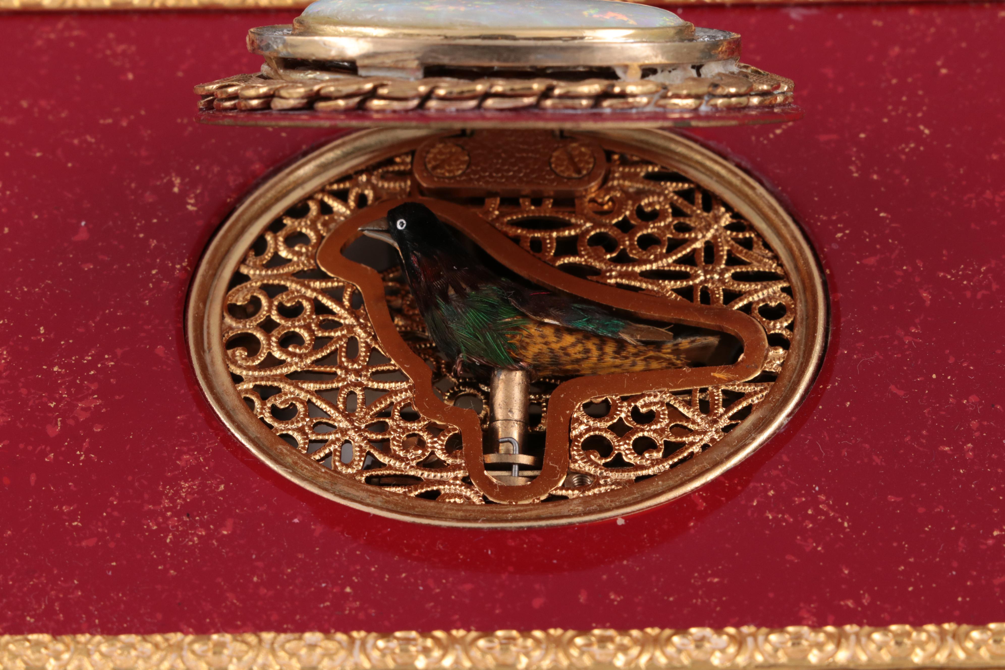 Reuge Automaton Singing Bird Music Box with 10K Gold, Opal and Diamond Accents