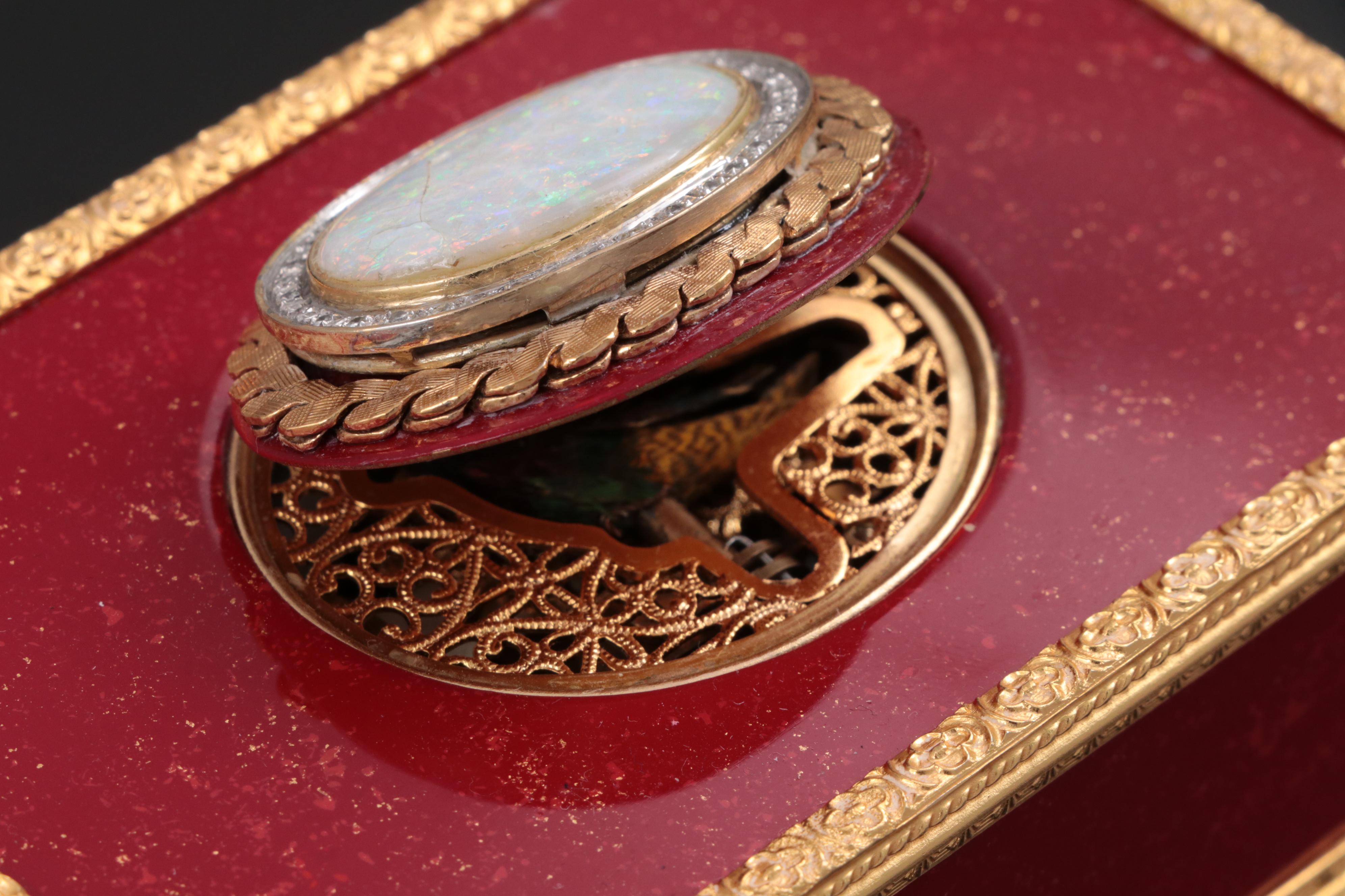 Reuge Automaton Singing Bird Music Box with 10K Gold, Opal and Diamond Accents