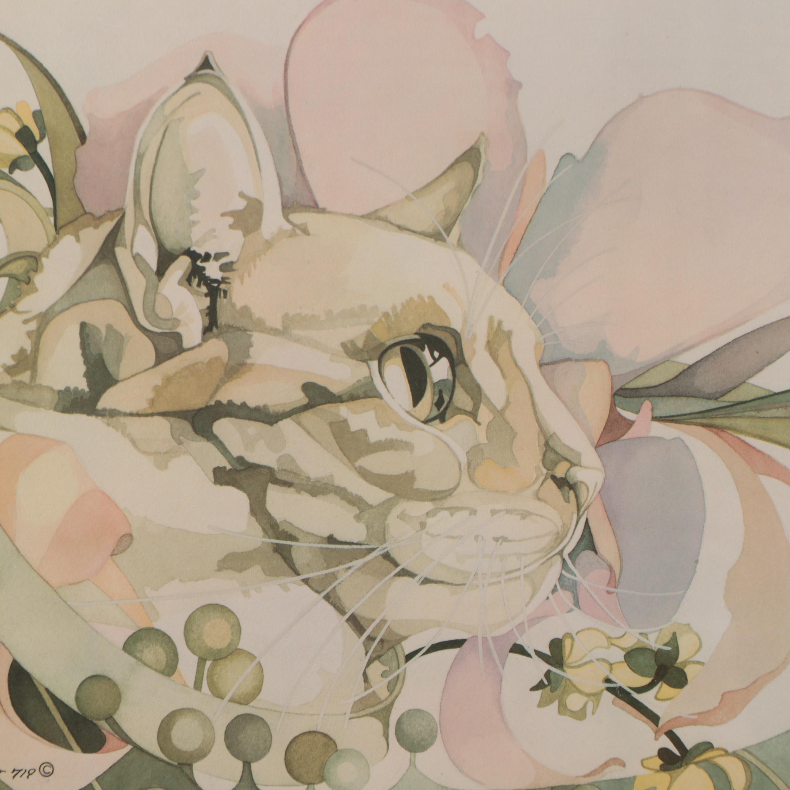 Offset Lithograph After Julie Shearer of Floral Cat, Late 20th Century