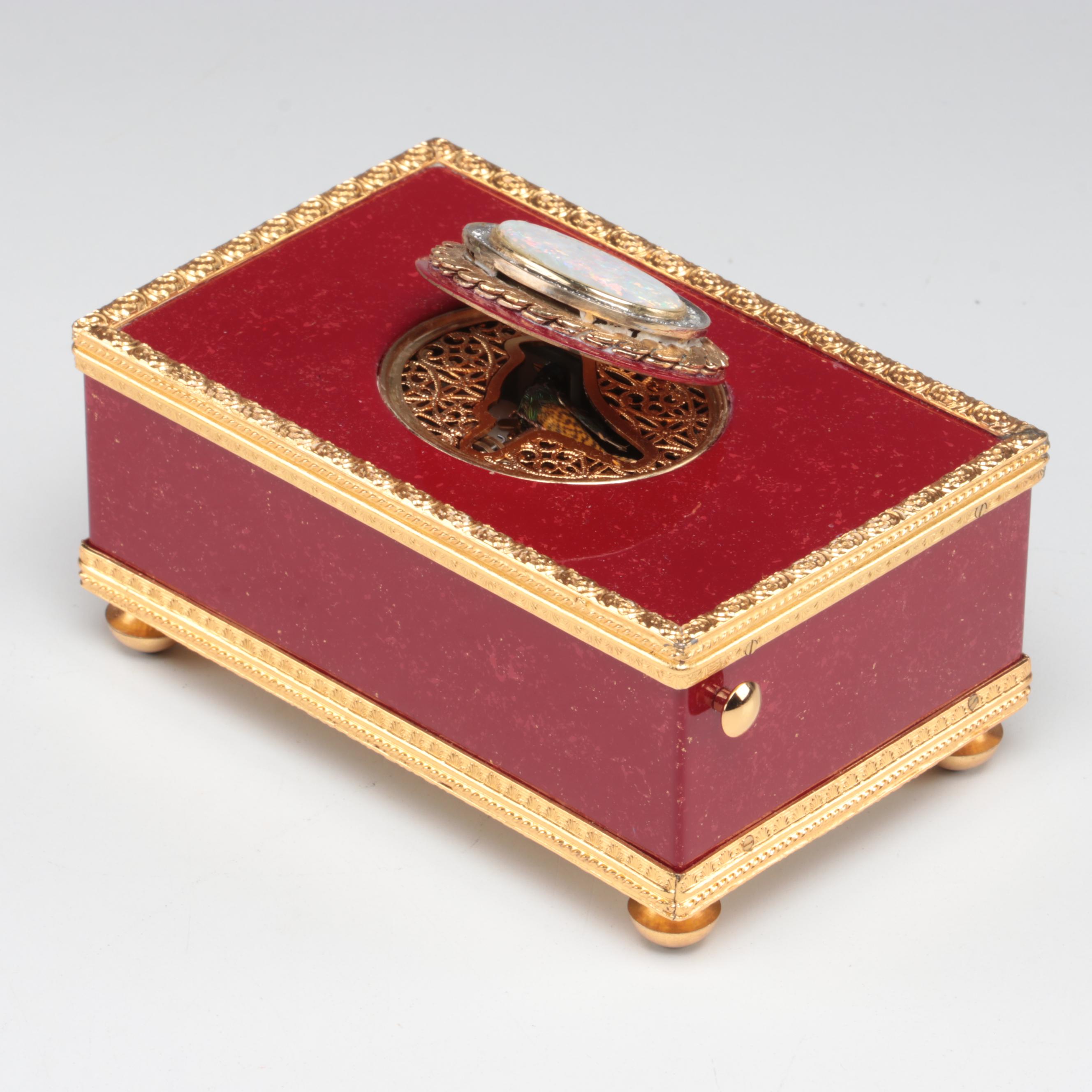 Reuge Automaton Singing Bird Music Box with 10K Gold, Opal and Diamond Accents