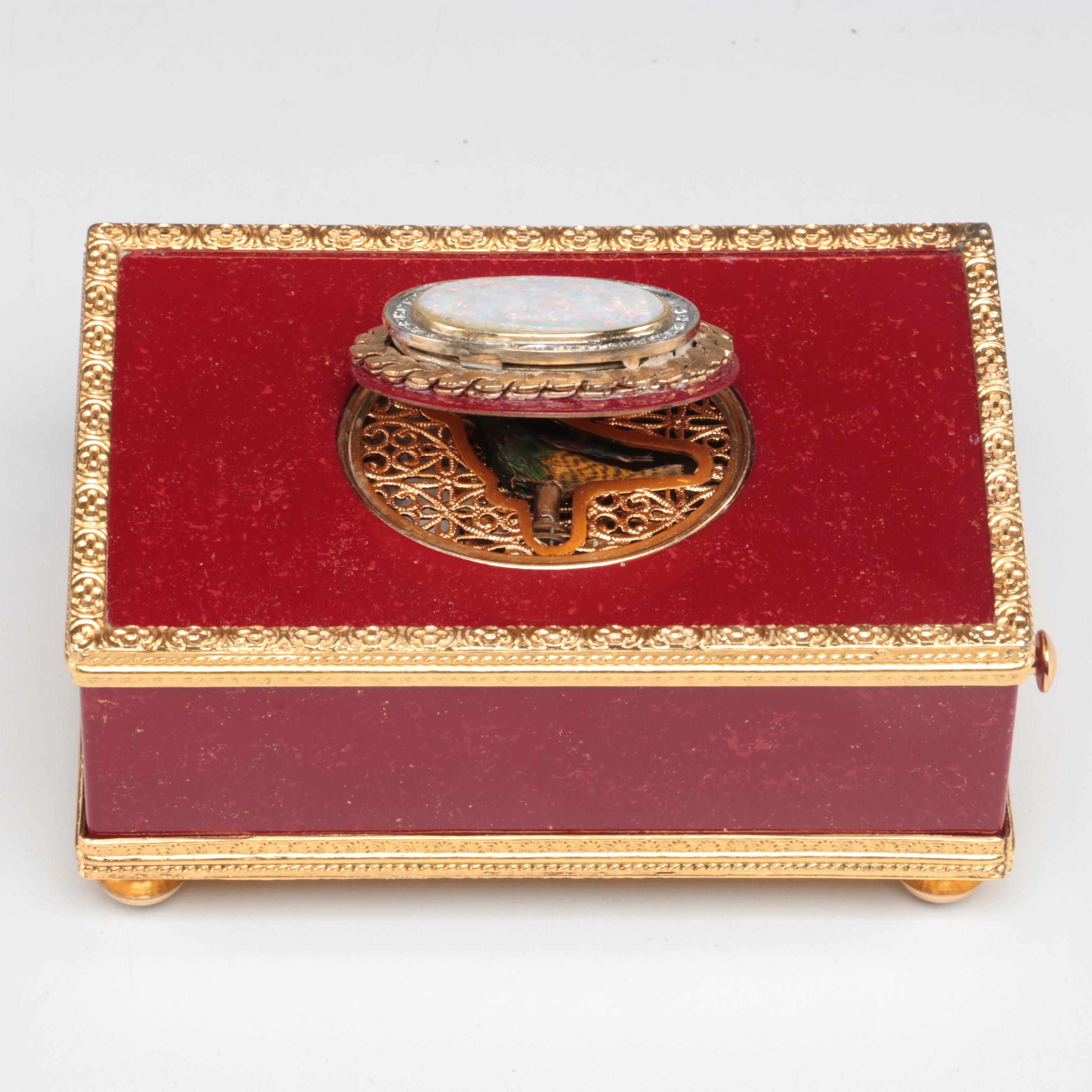 Reuge Automaton Singing Bird Music Box with 10K Gold, Opal and Diamond Accents