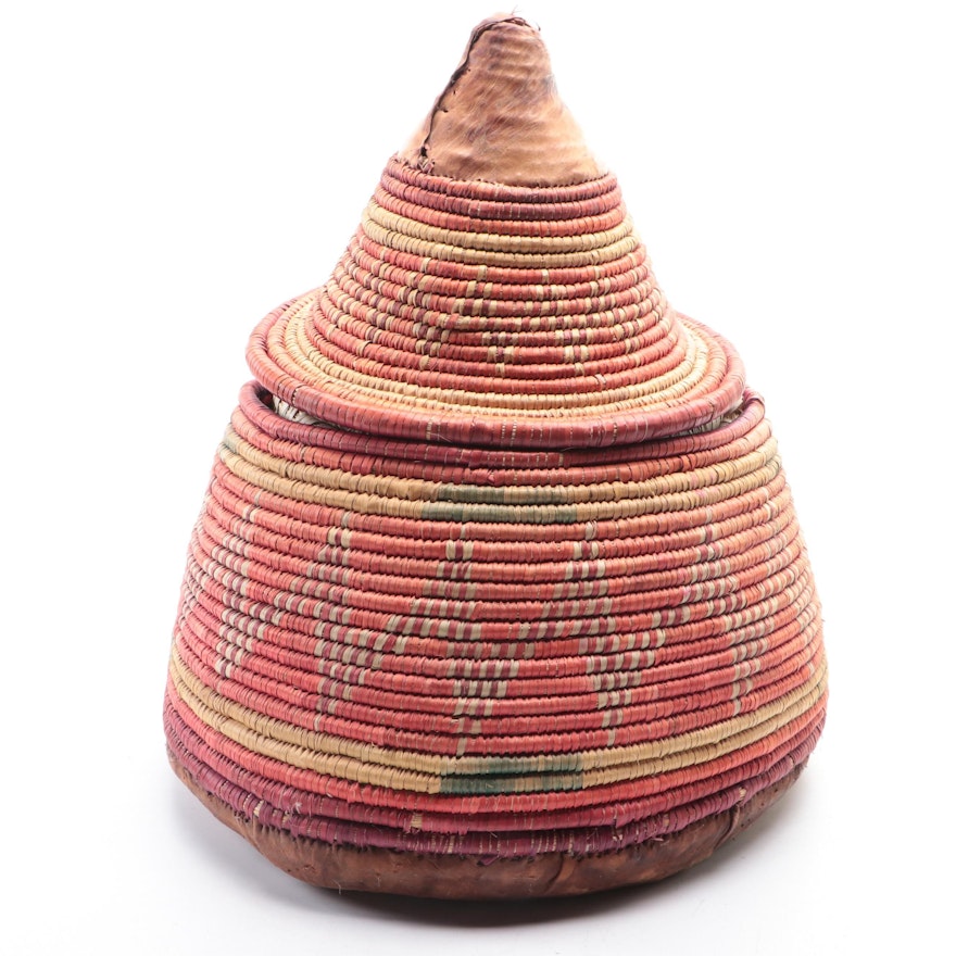 North African Leather and Natural Fiber Basket, Mid-20th Century