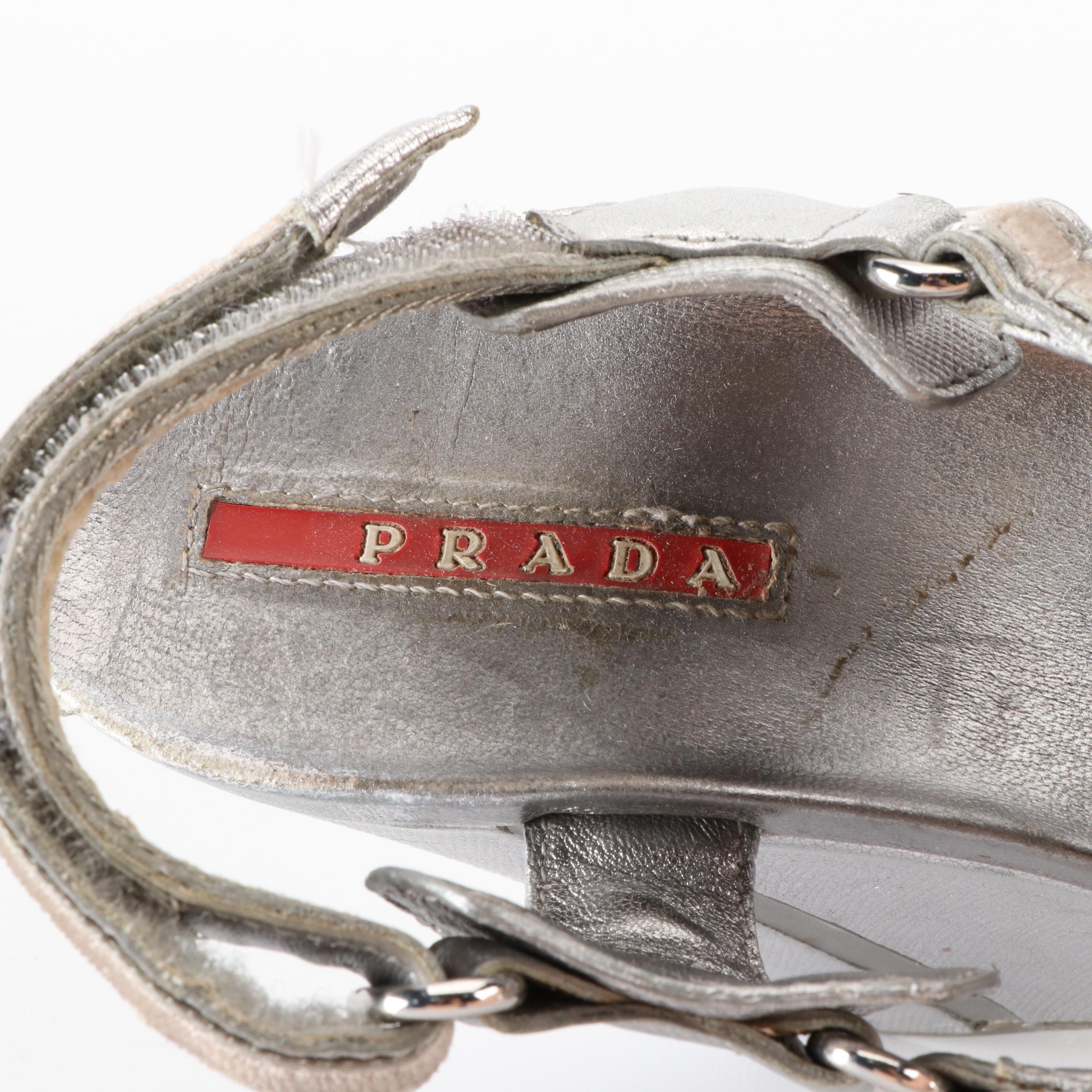 Prada Linea Rossa Platform Wedge Sandals in Metallic Silver Saffiano Leather