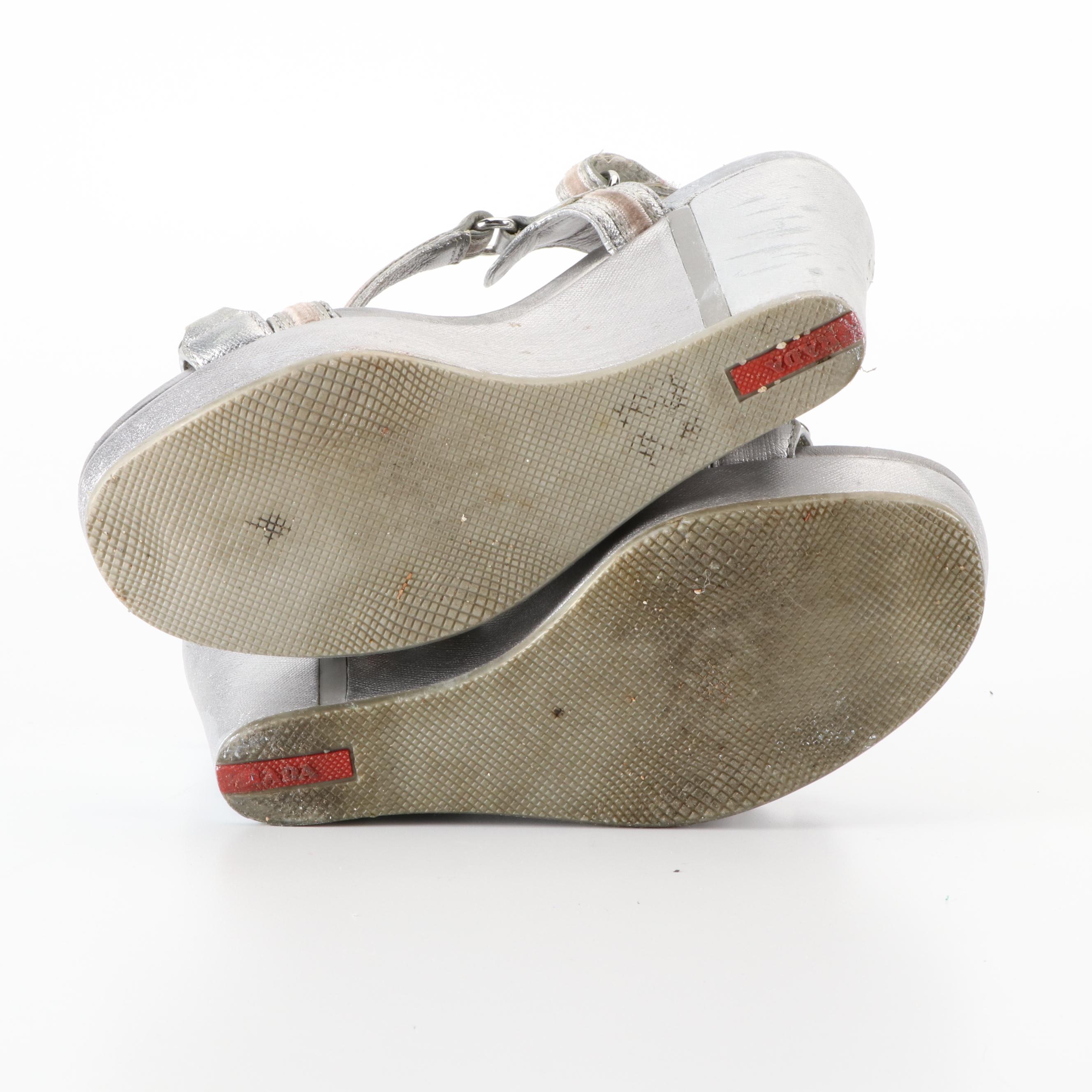 Prada Linea Rossa Platform Wedge Sandals in Metallic Silver Saffiano Leather