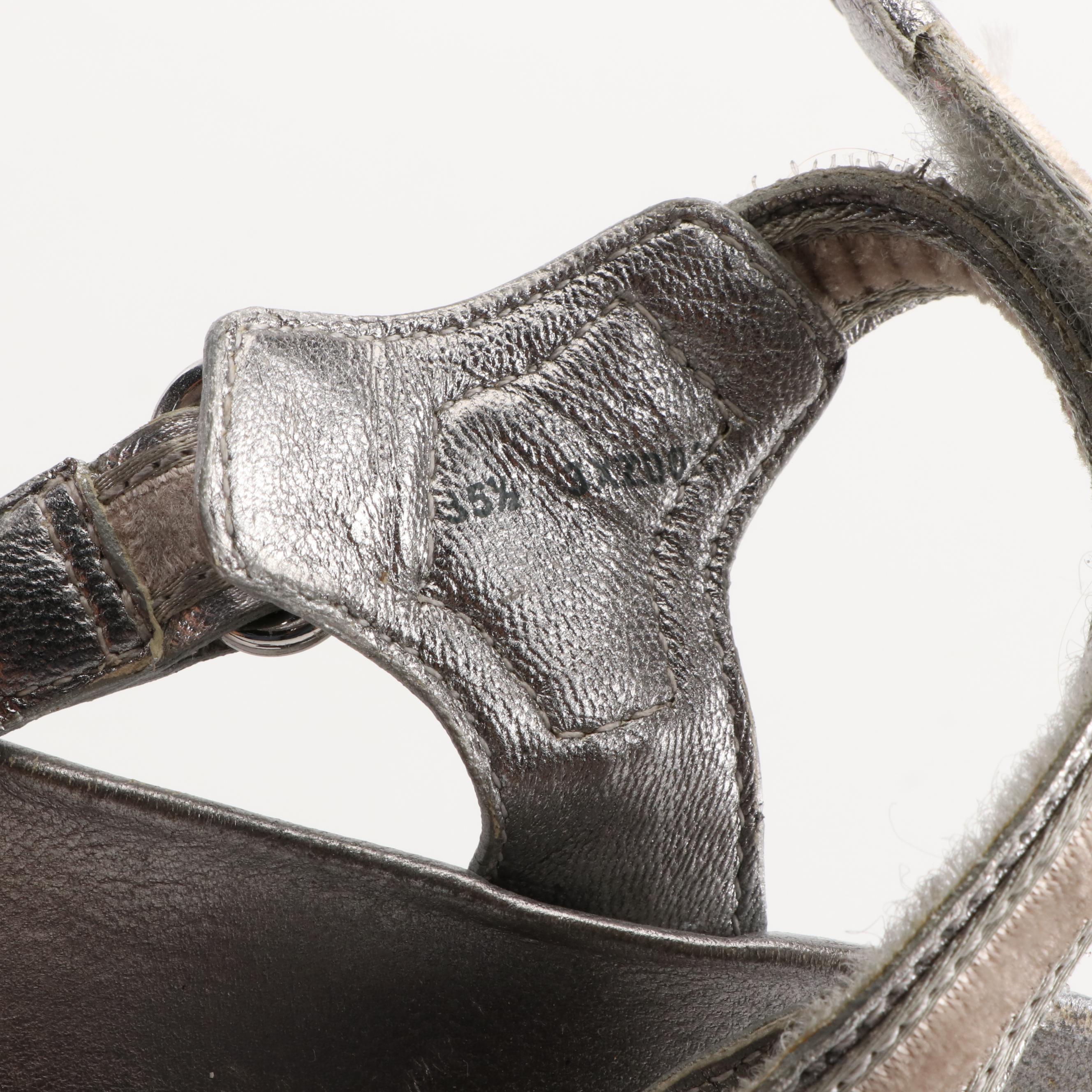 Prada Linea Rossa Platform Wedge Sandals in Metallic Silver Saffiano Leather