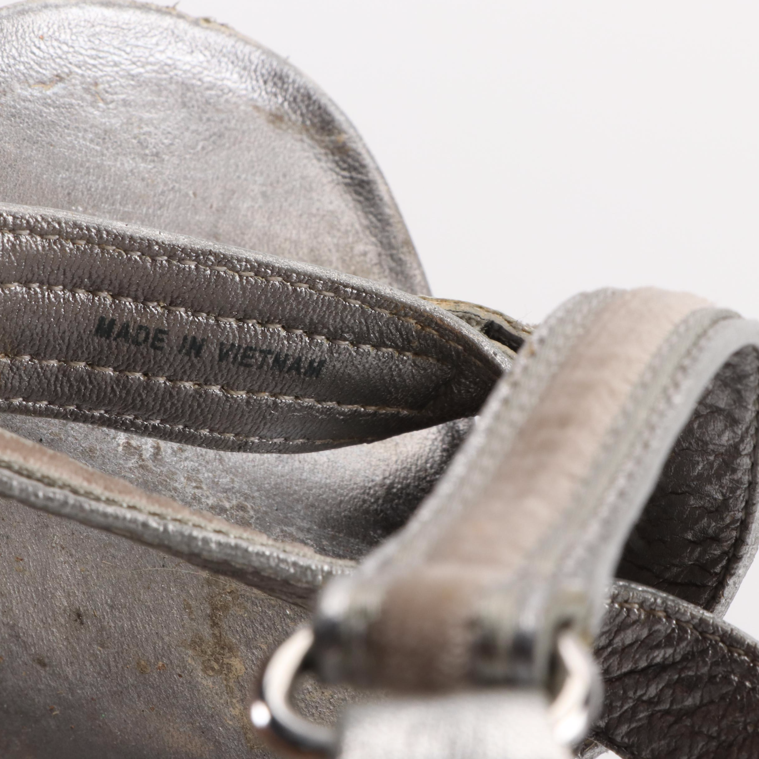 Prada Linea Rossa Platform Wedge Sandals in Metallic Silver Saffiano Leather