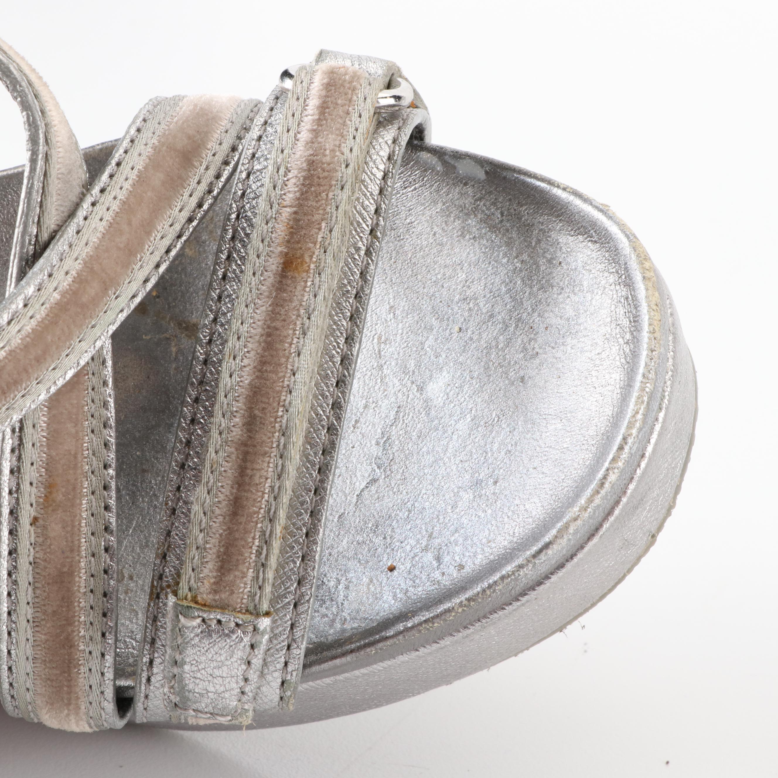 Prada Linea Rossa Platform Wedge Sandals in Metallic Silver Saffiano Leather