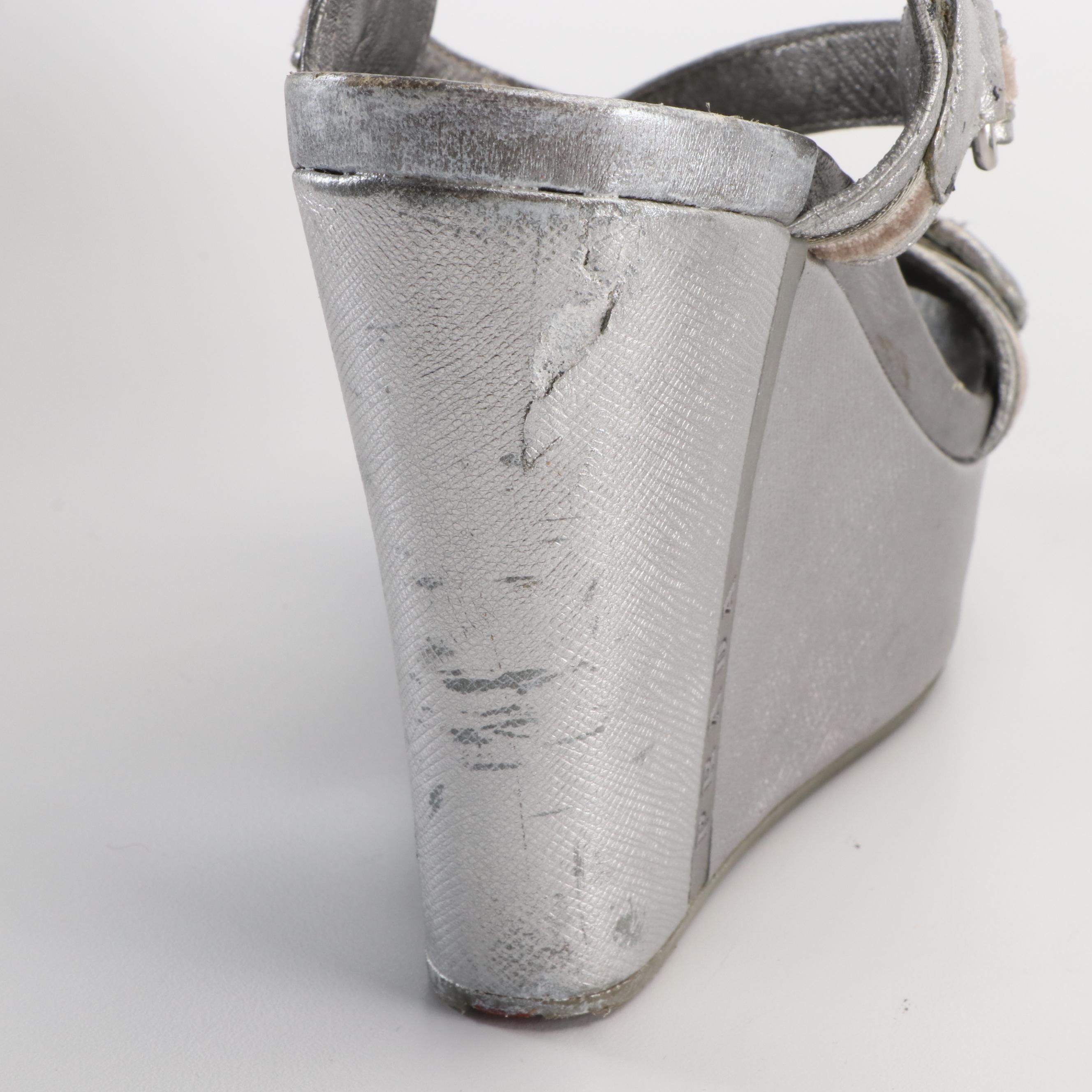 Prada Linea Rossa Platform Wedge Sandals in Metallic Silver Saffiano Leather