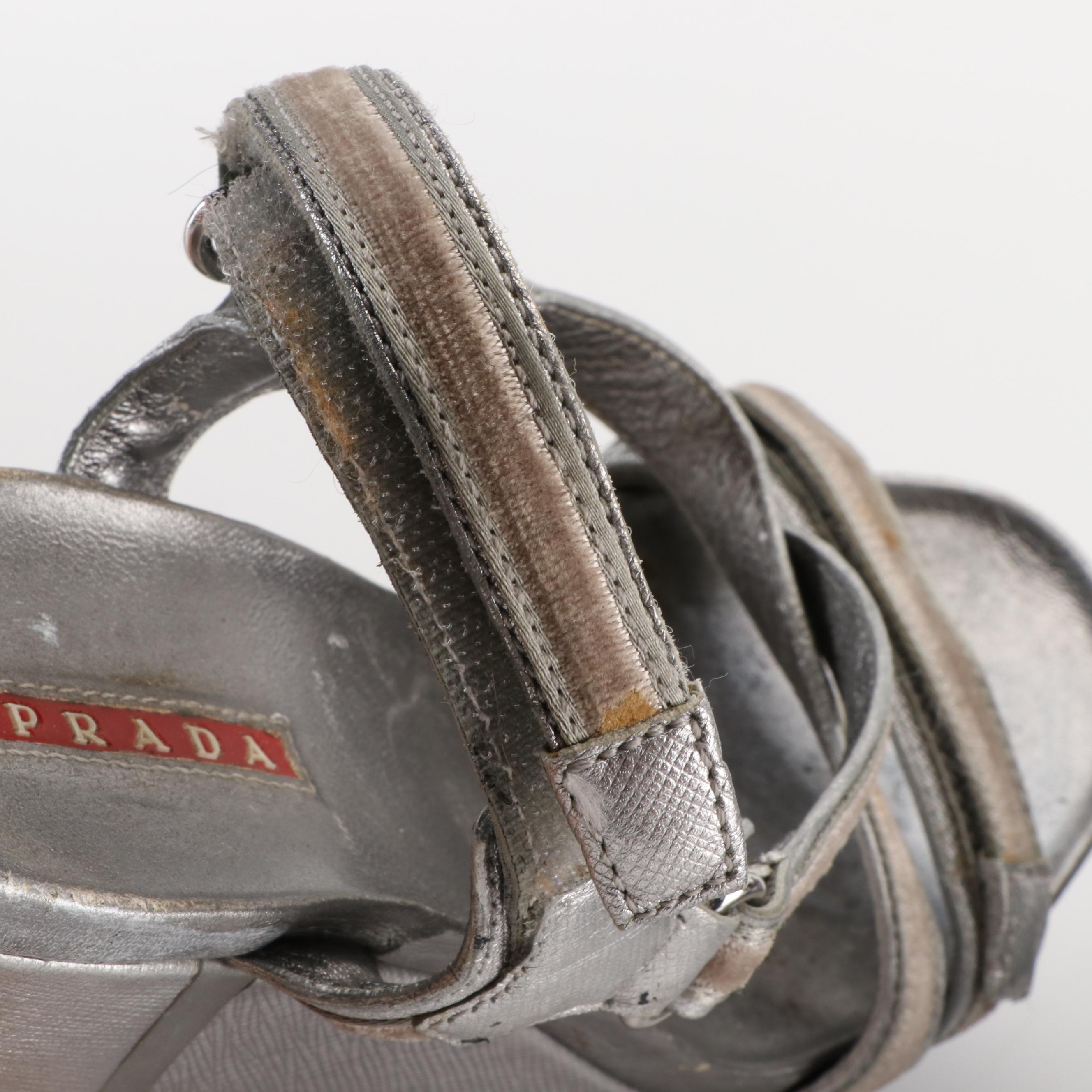 Prada Linea Rossa Platform Wedge Sandals in Metallic Silver Saffiano Leather