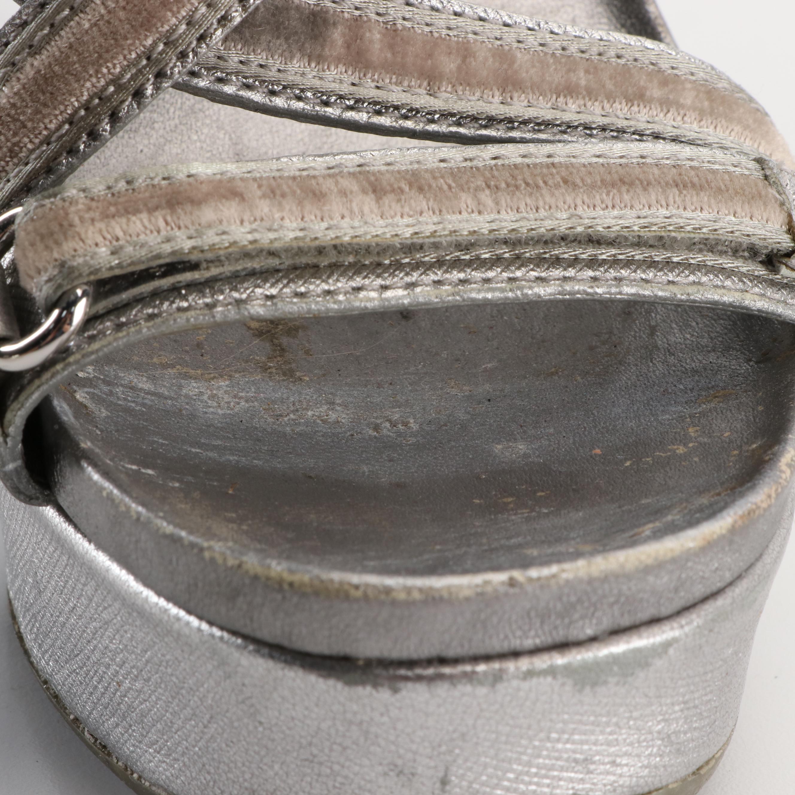 Prada Linea Rossa Platform Wedge Sandals in Metallic Silver Saffiano Leather