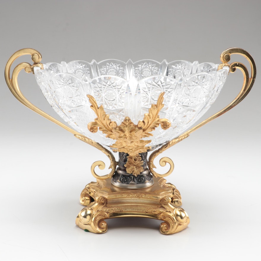 Baroque Style Hobstar Cut Czech Crystal Bowl on Italian Gilt Metal Base