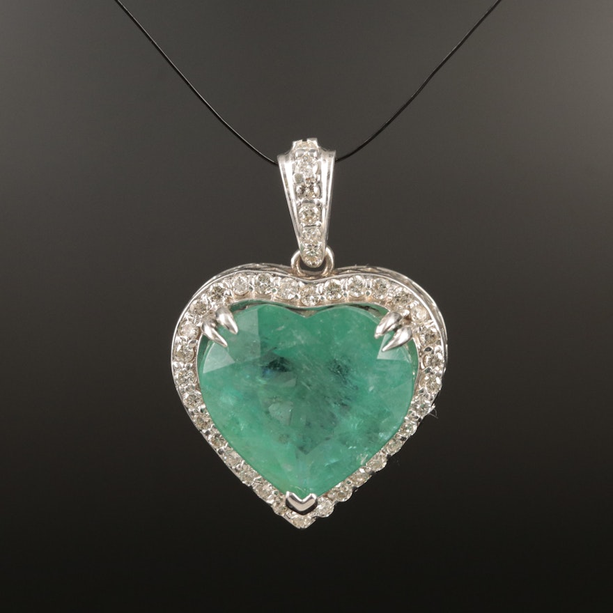 18K 9.90 CT Emerald and Diamond Heart Pendant