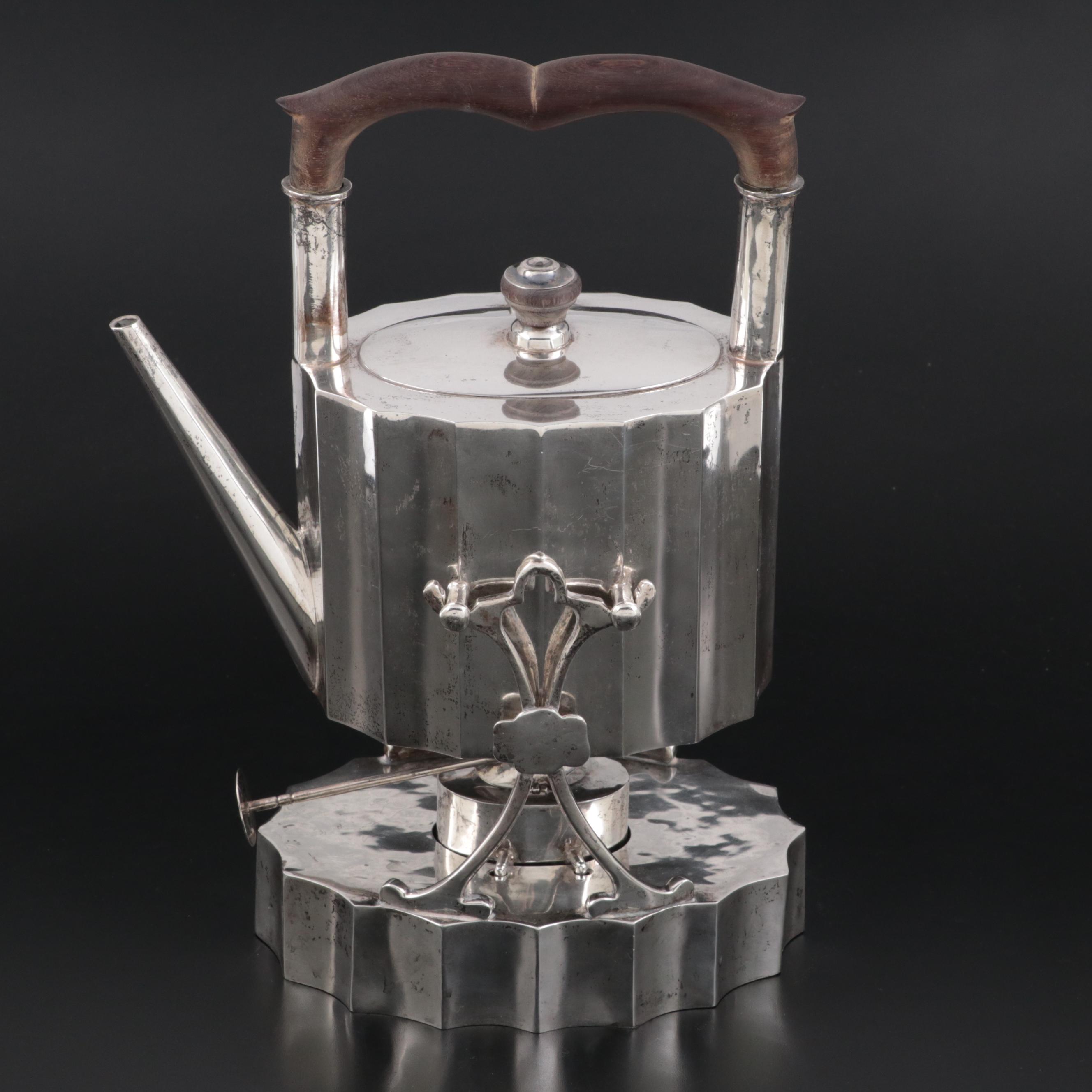 Mexican Sterling Silver Tilting Tea Kettle on Stand, Early to Mid-20th Century