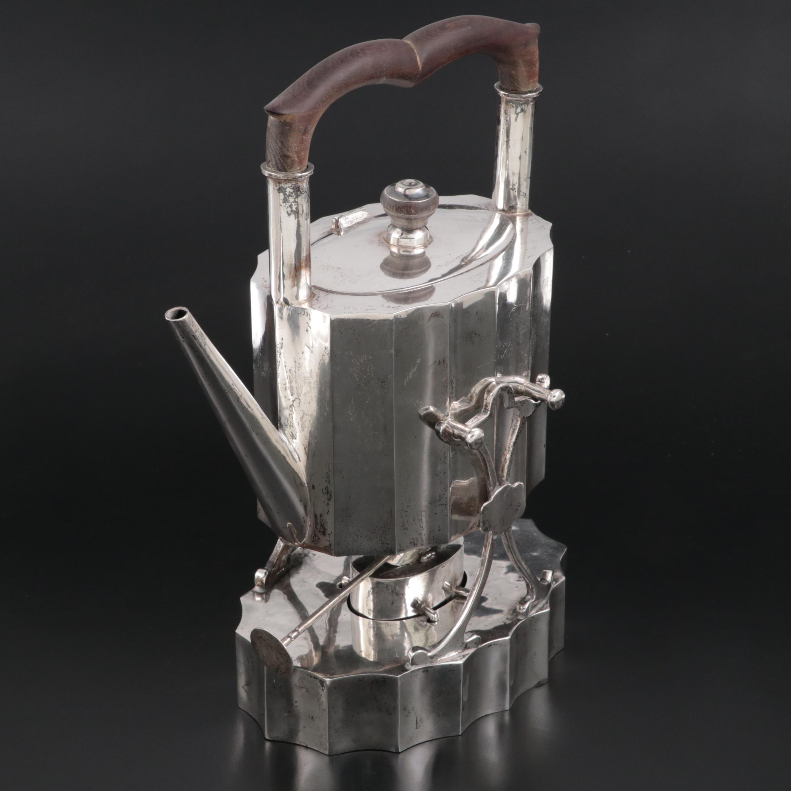 Mexican Sterling Silver Tilting Tea Kettle on Stand, Early to Mid-20th Century