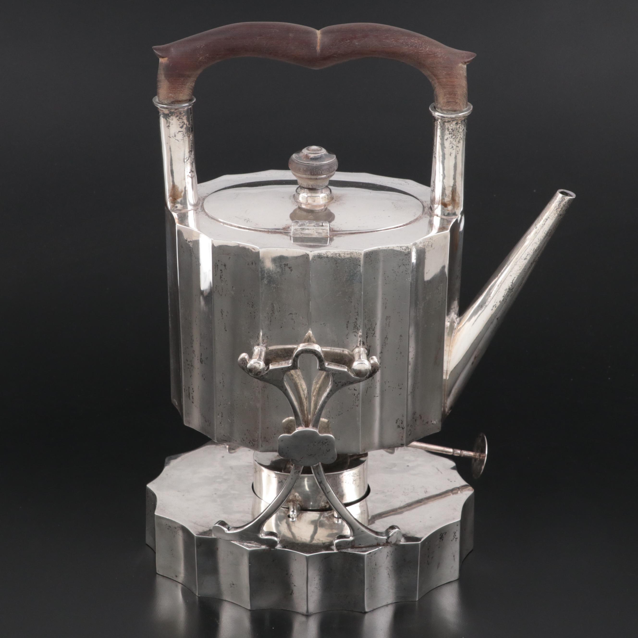 Mexican Sterling Silver Tilting Tea Kettle on Stand, Early to Mid-20th Century